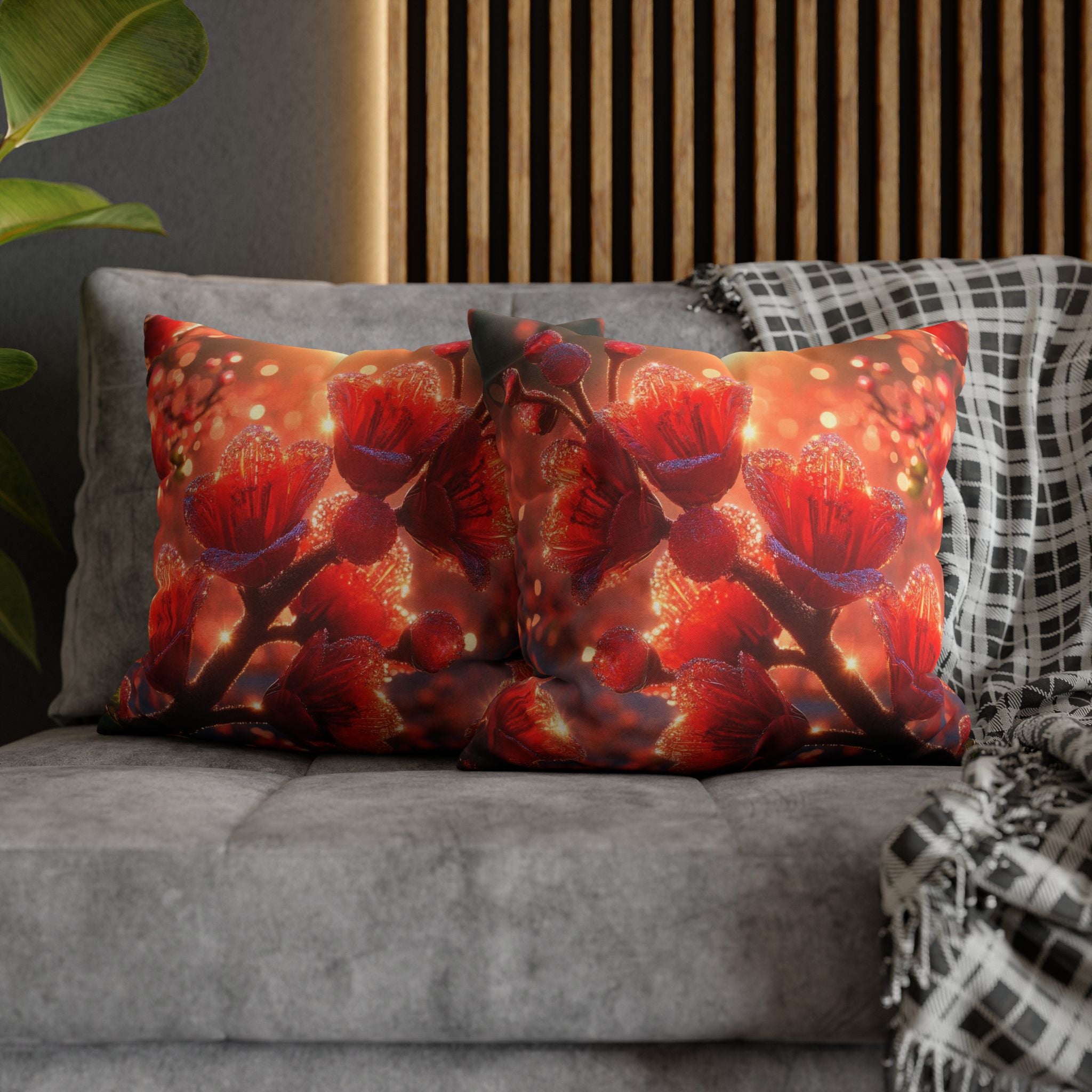 Red-diamond flowers (on red background) - Polyester Square Pillowcase