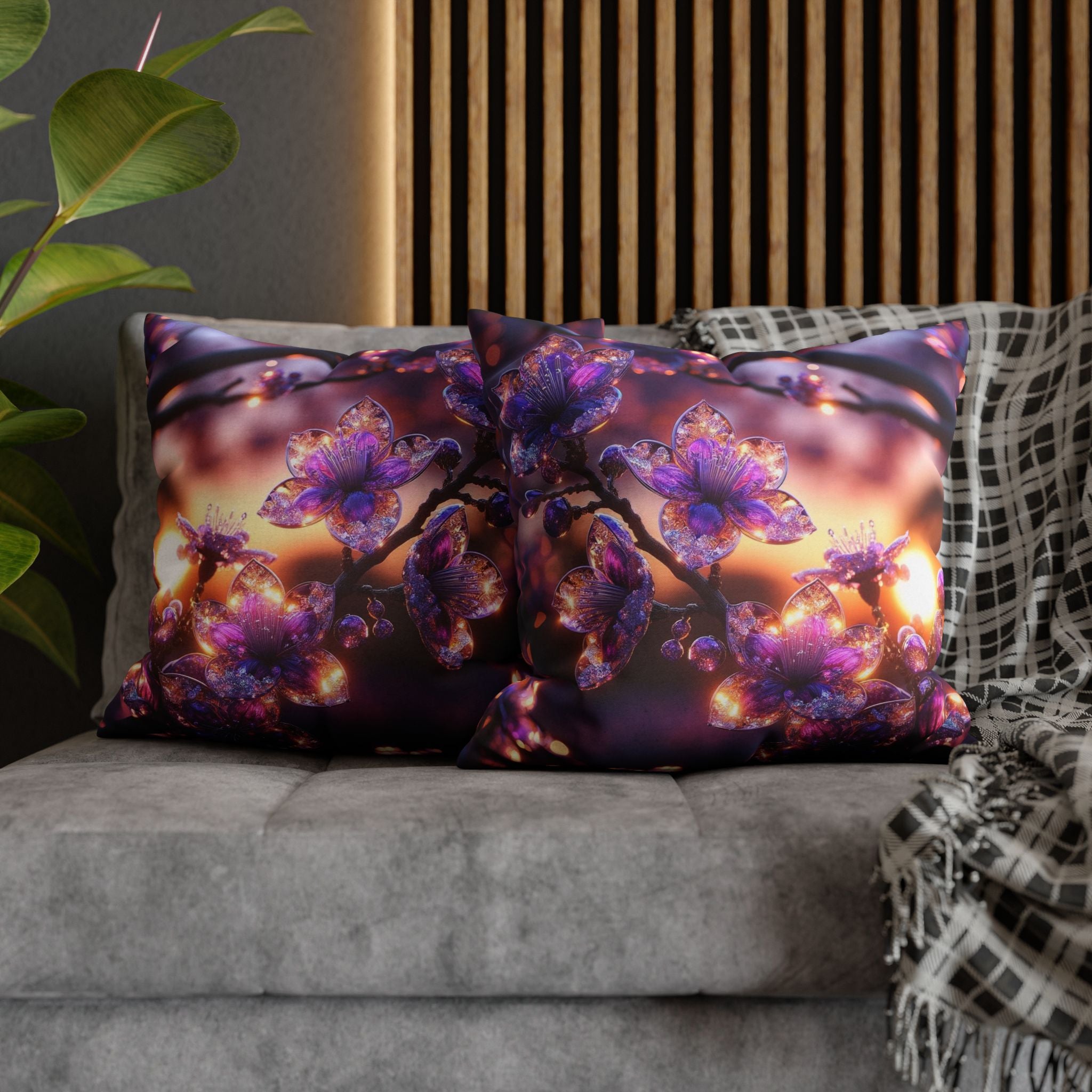 Purple diamond flowers (in sunset) - Polyester Square Pillowcase