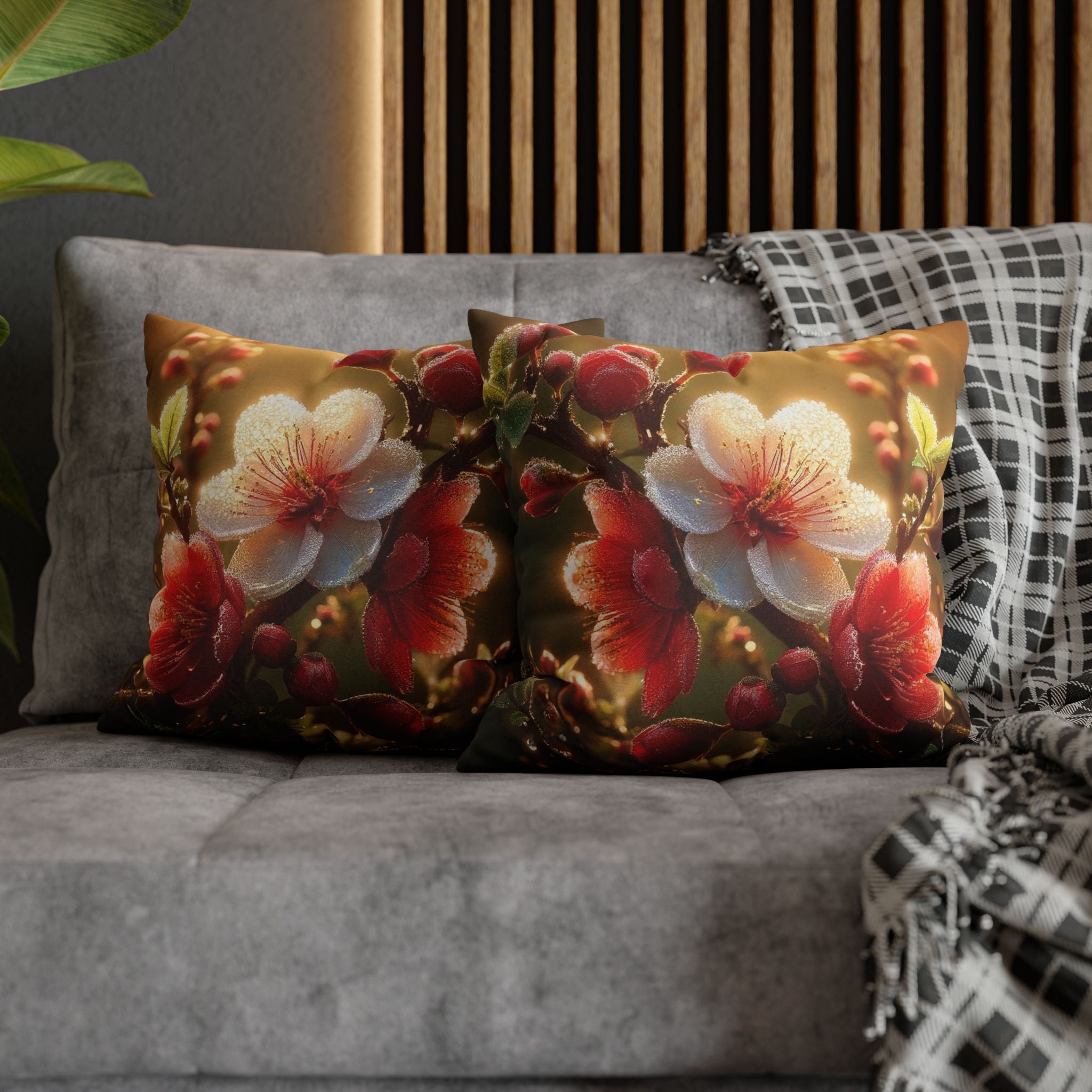 Red & white flowers in light background - Polyester Square Pillowcase
