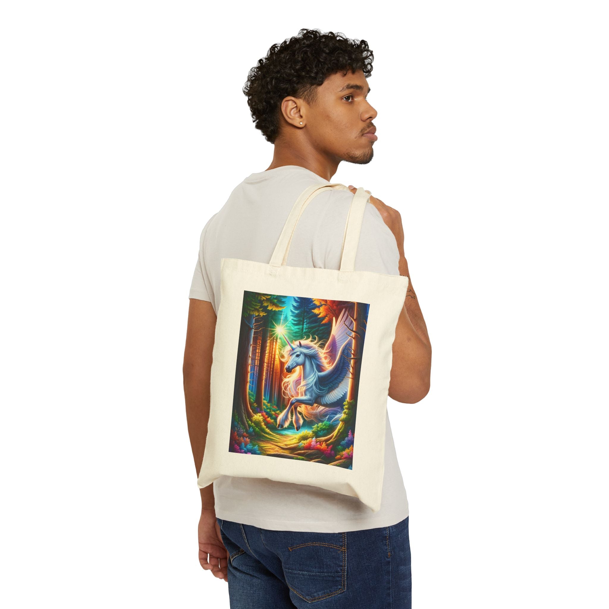 Whimsical Unicorn in enchanted forest - Cotton Canvas Tote Bag