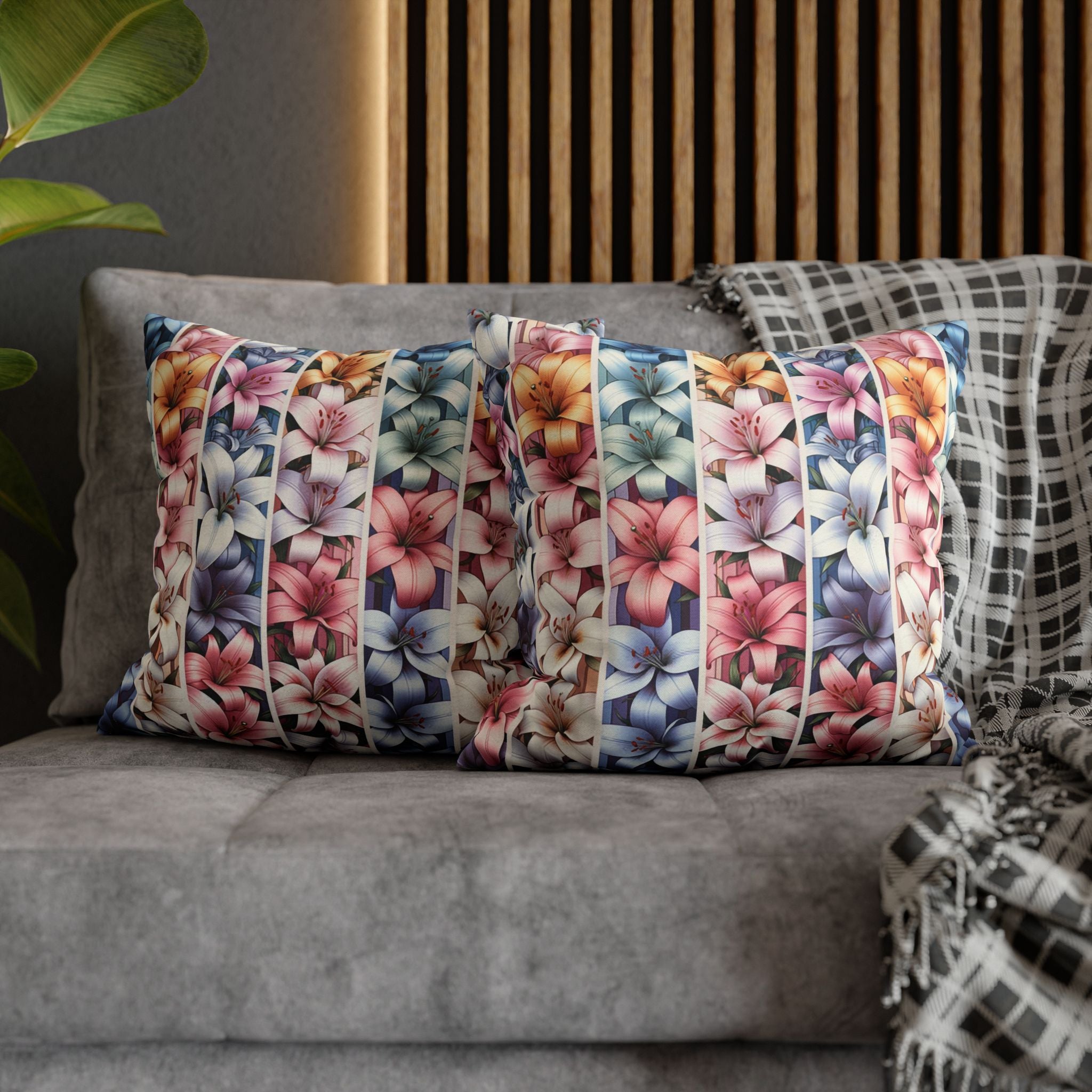 Pastel coloured Lilies in columns - Polyester Square Pillowcase
