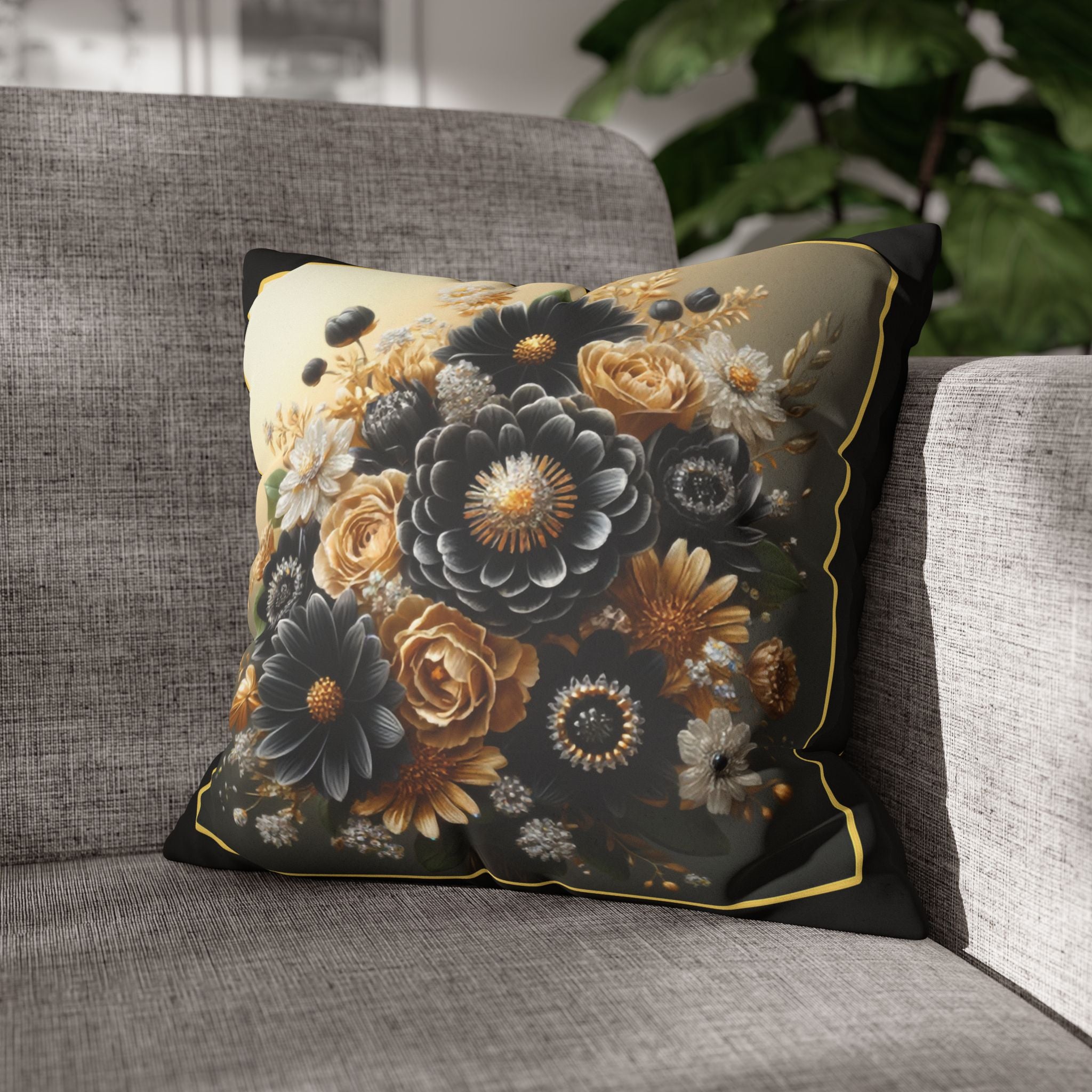 Black & gold (with golden outline) - Suede Square Pillowcase