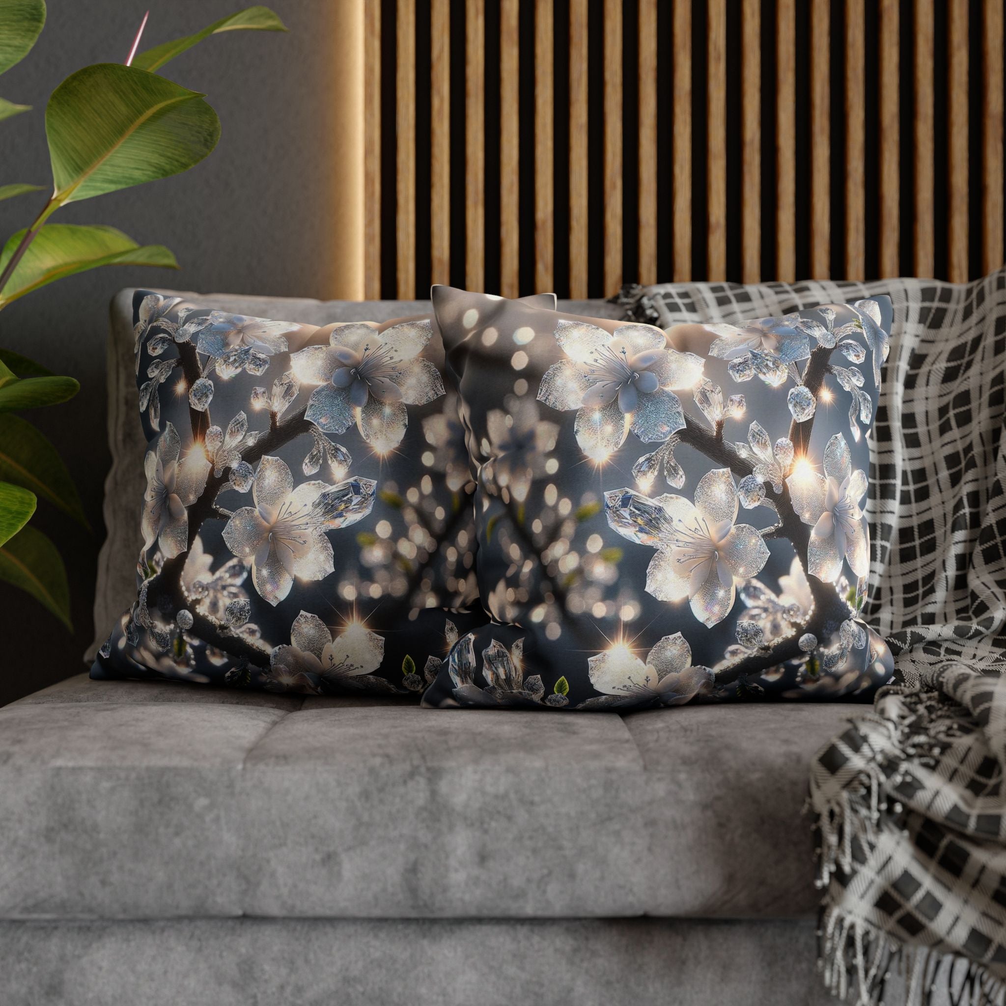 Silver-coloured flowers on grey background - Polyester Square Pillowcase