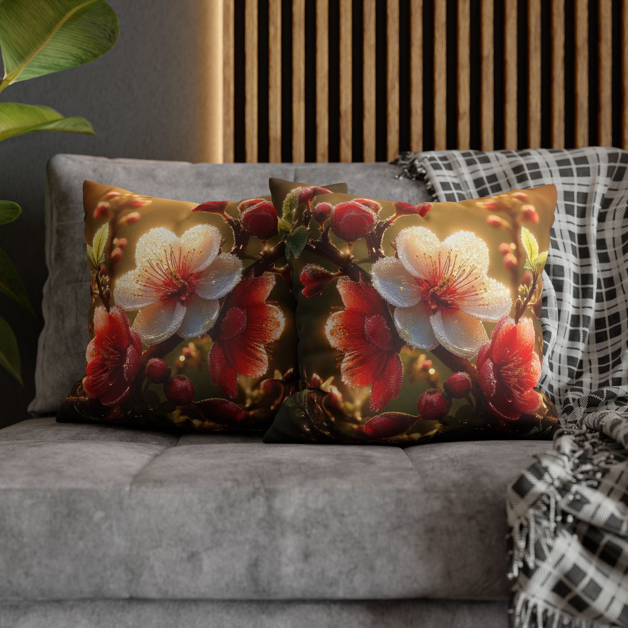 Red & white flowers in light background - Polyester Square Pillowcase