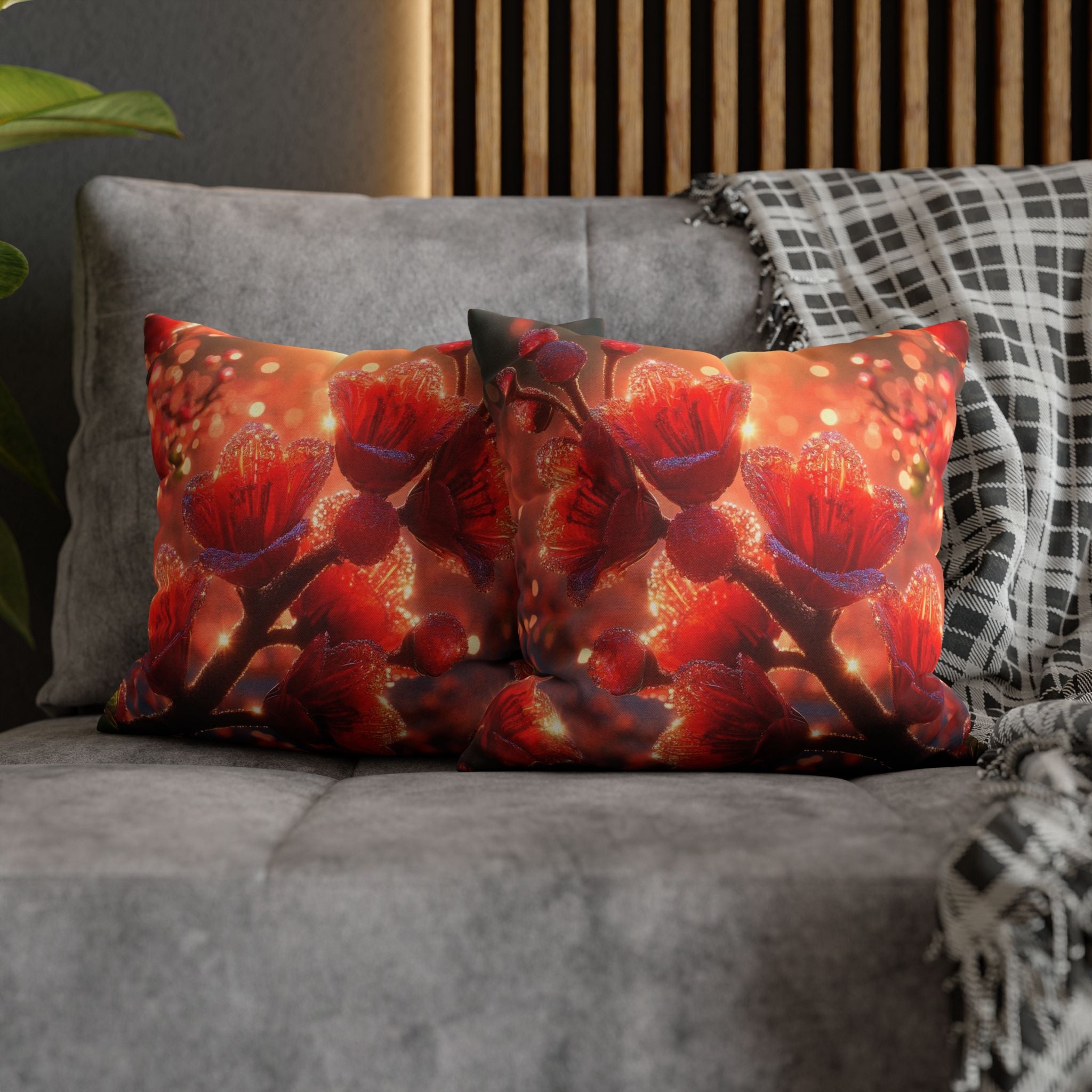 Red-diamond flowers (on red background) - Polyester Square Pillowcase