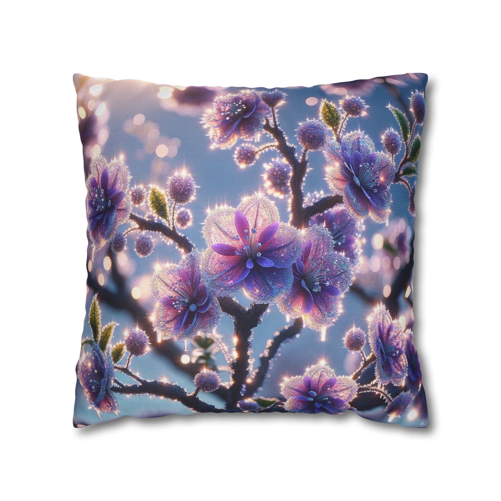 Lavender coloured flowers with sky blue background - Polyester Square Pillowcase