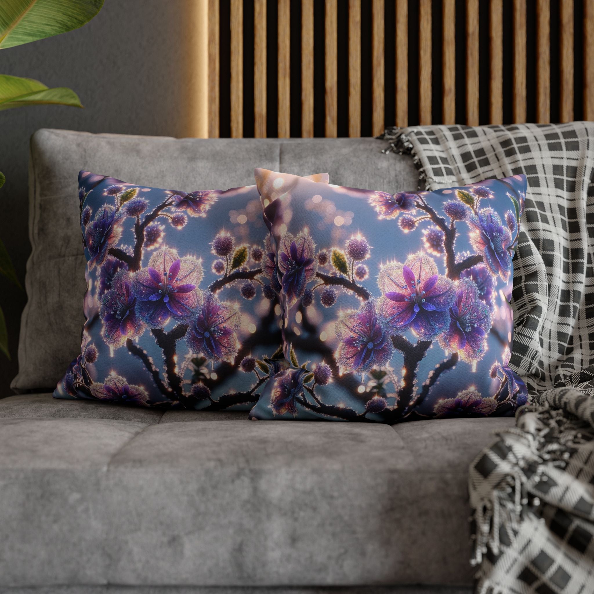 Lavender coloured flowers with sky blue background - Polyester Square Pillowcase