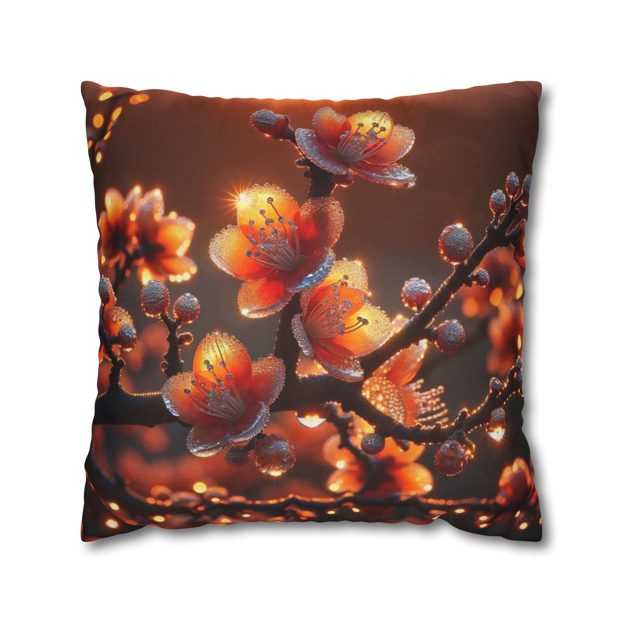 Orange flowers (brown background) - Polyester Square Pillowcase