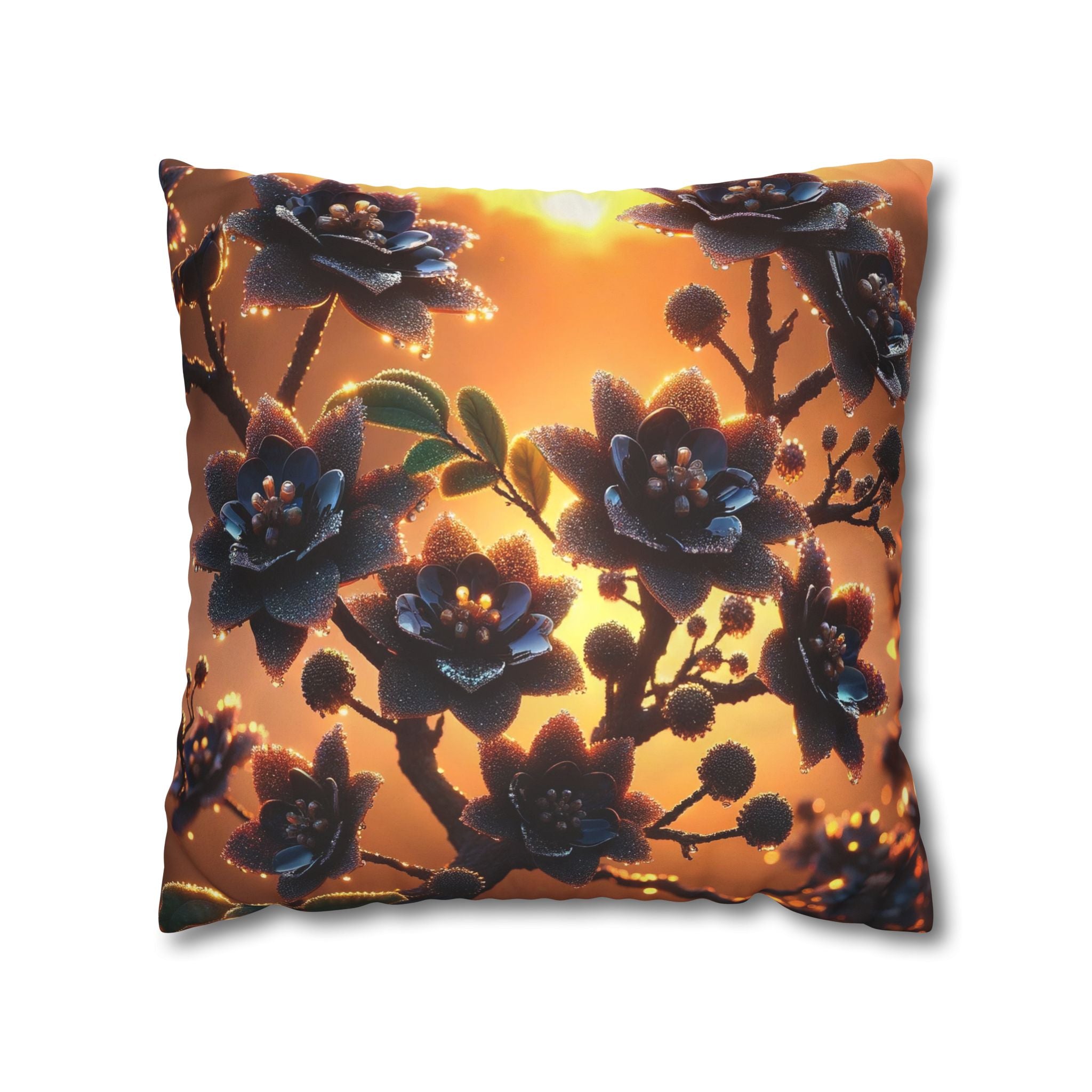 Black flowers in sunset- Suede Square Pillowcase