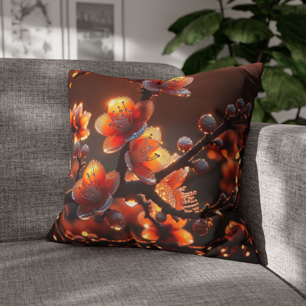 Orange flowers (brown background) - Polyester Square Pillowcase