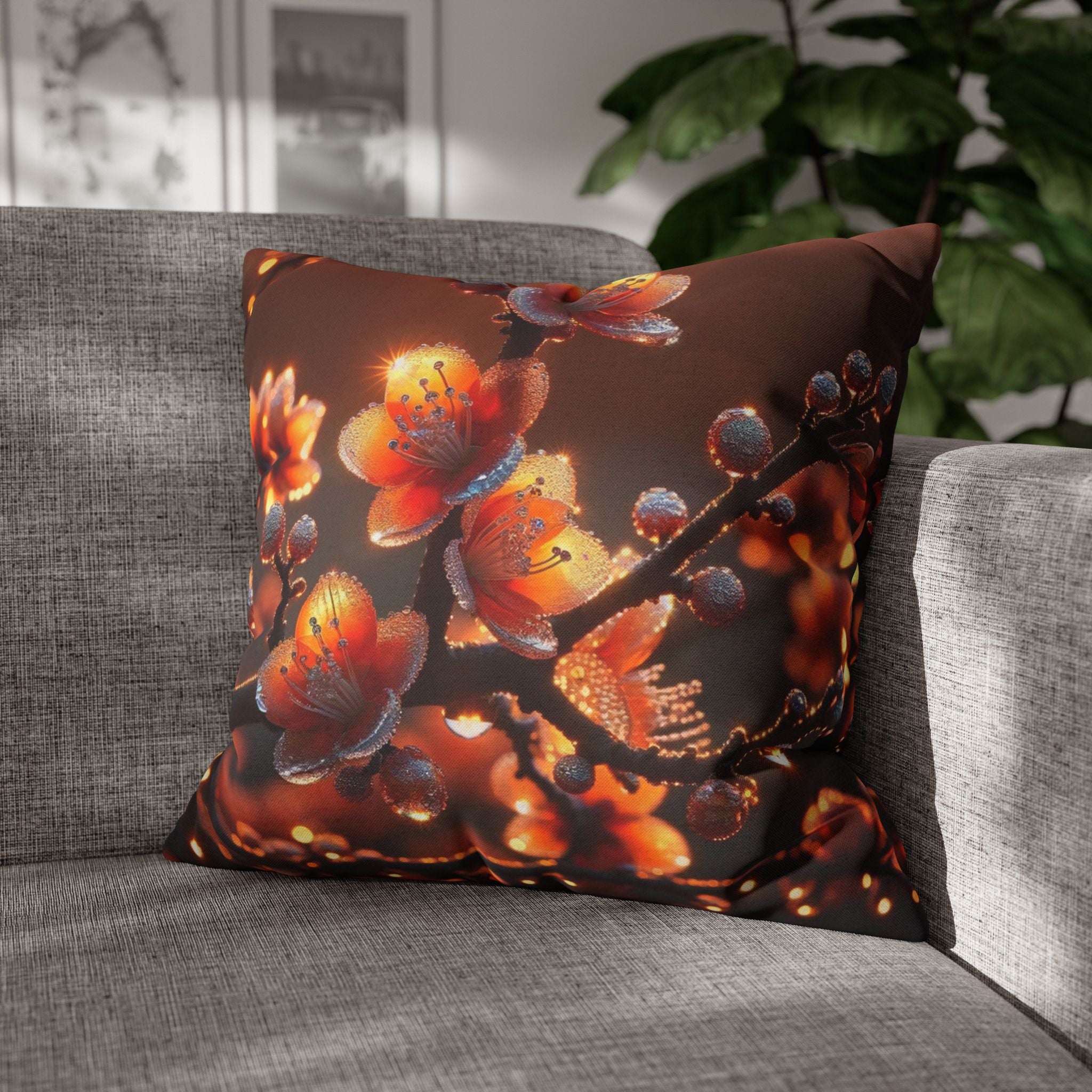 Orange flowers (brown background) - Polyester Square Pillowcase