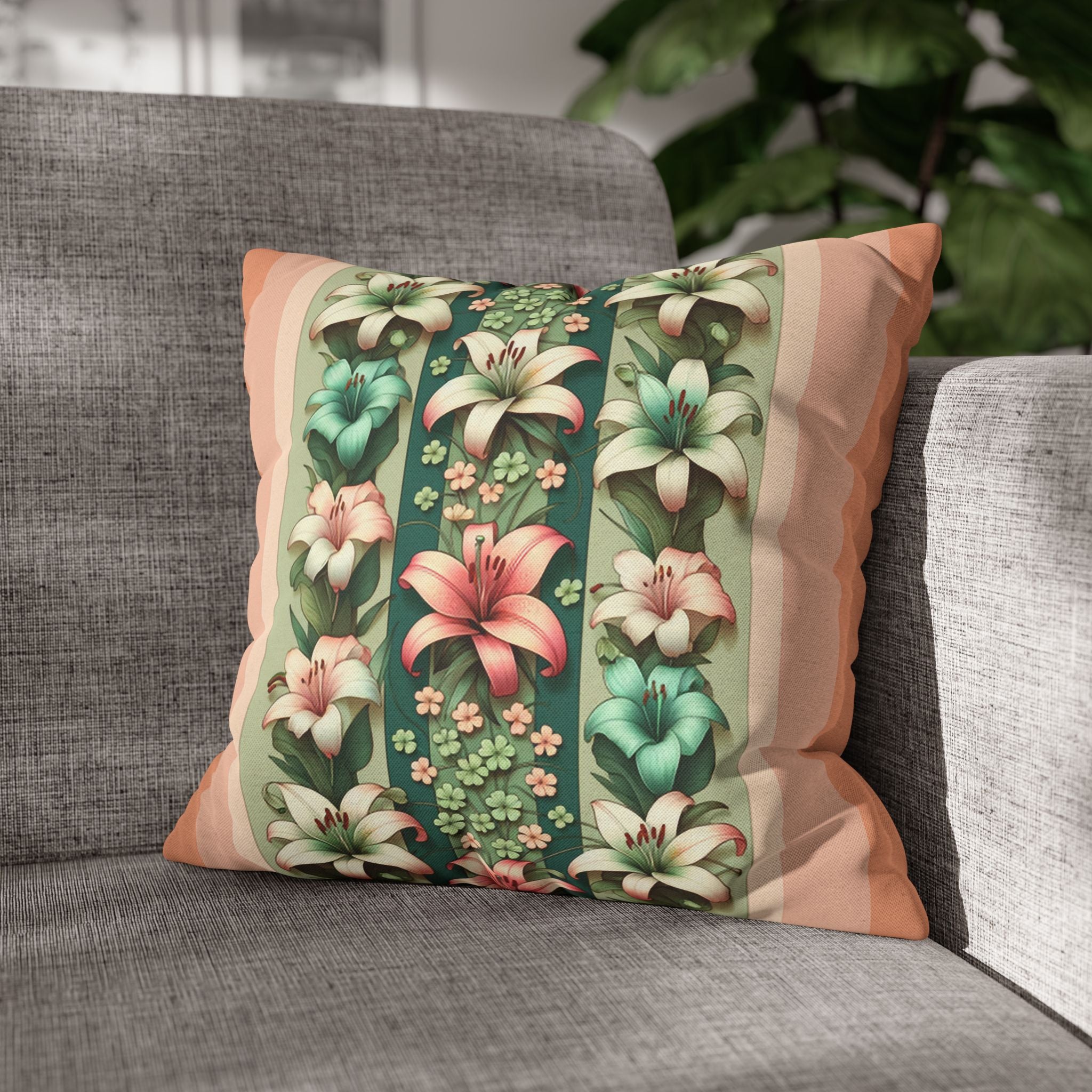 Lilies on peach background - Polyester Square Pillowcase
