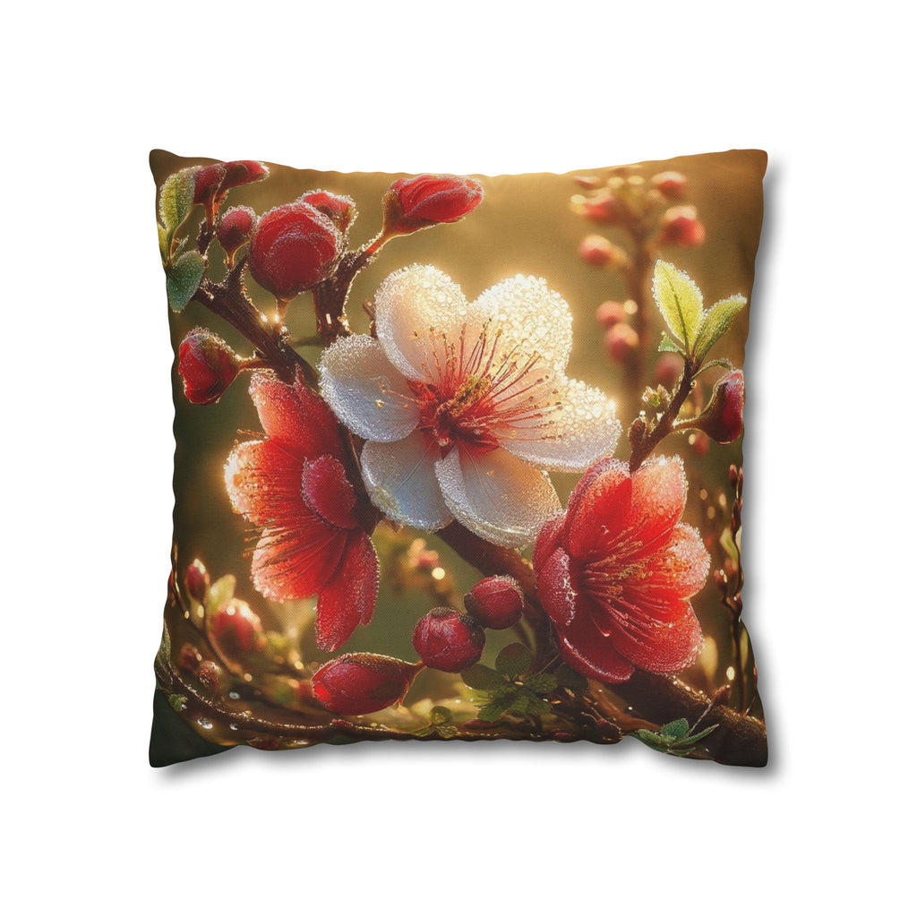 Red & white flowers in light background - Polyester Square Pillowcase