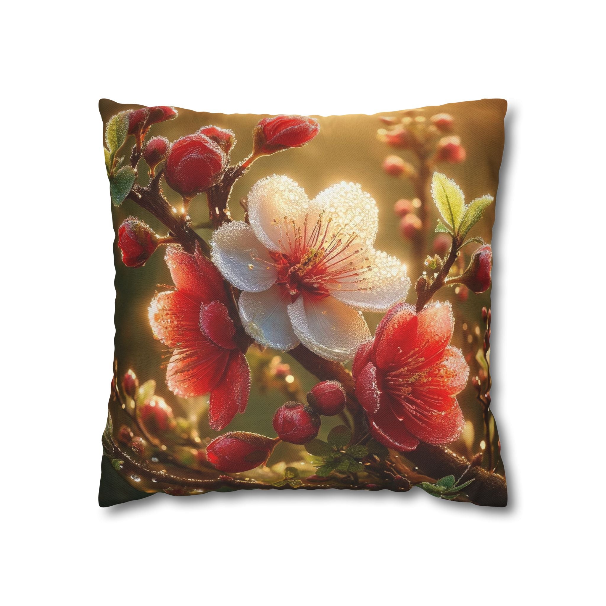 Red & white flowers in light background - Polyester Square Pillowcase