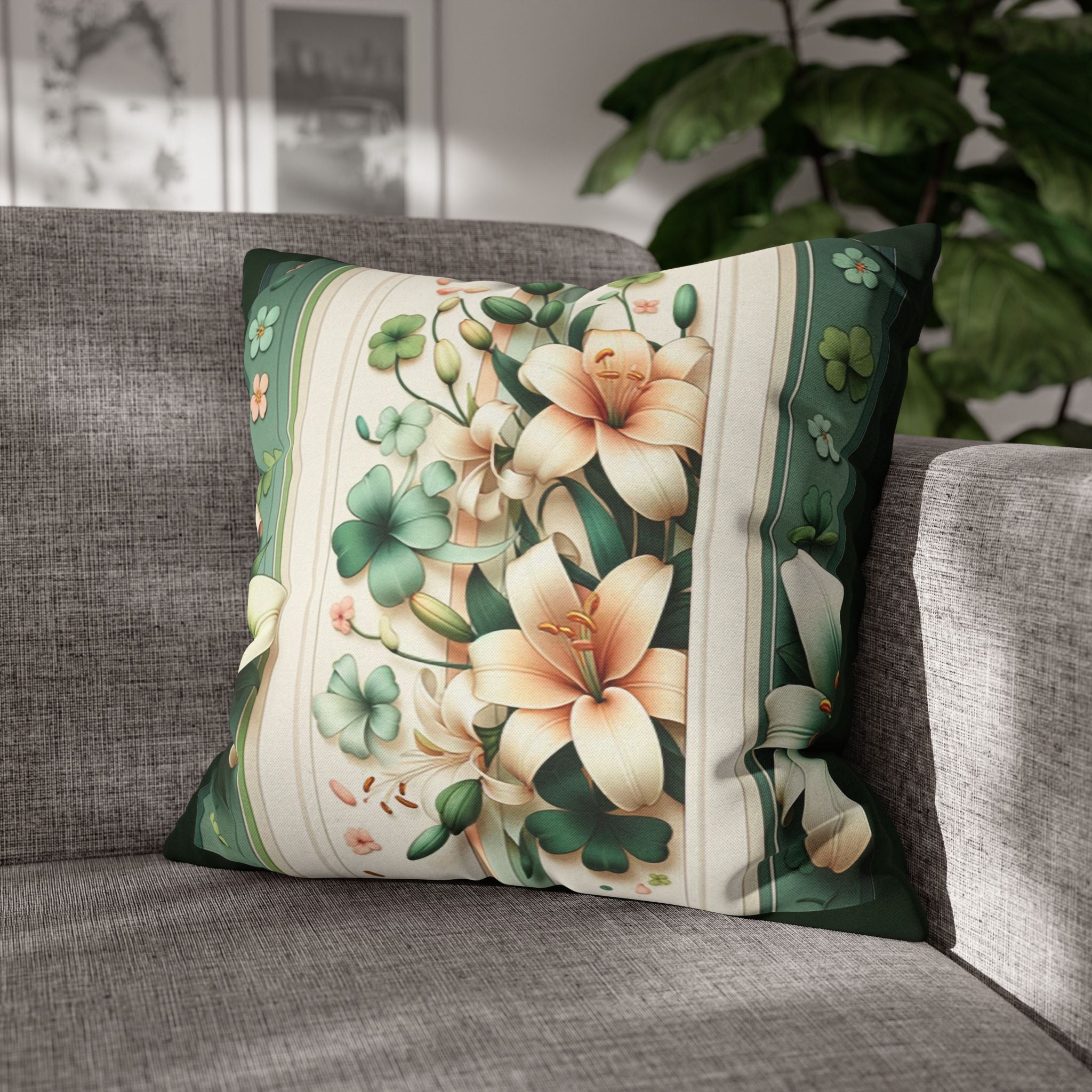 Green & peach coloured lilies - Polyester Square Pillowcase