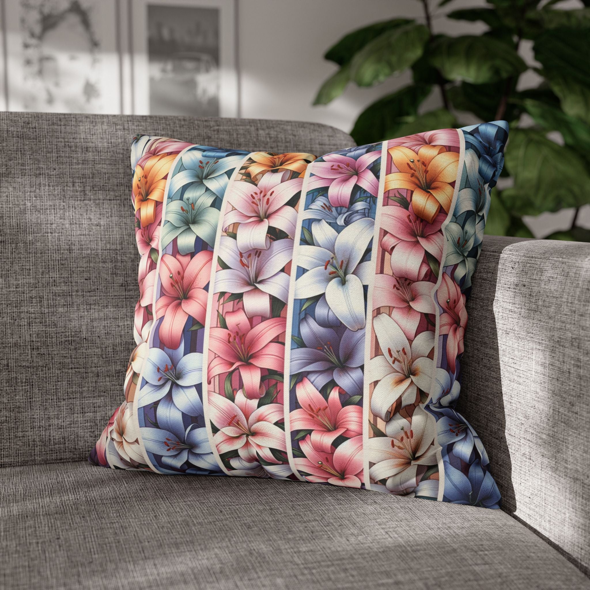 Pastel coloured Lilies in columns - Polyester Square Pillowcase