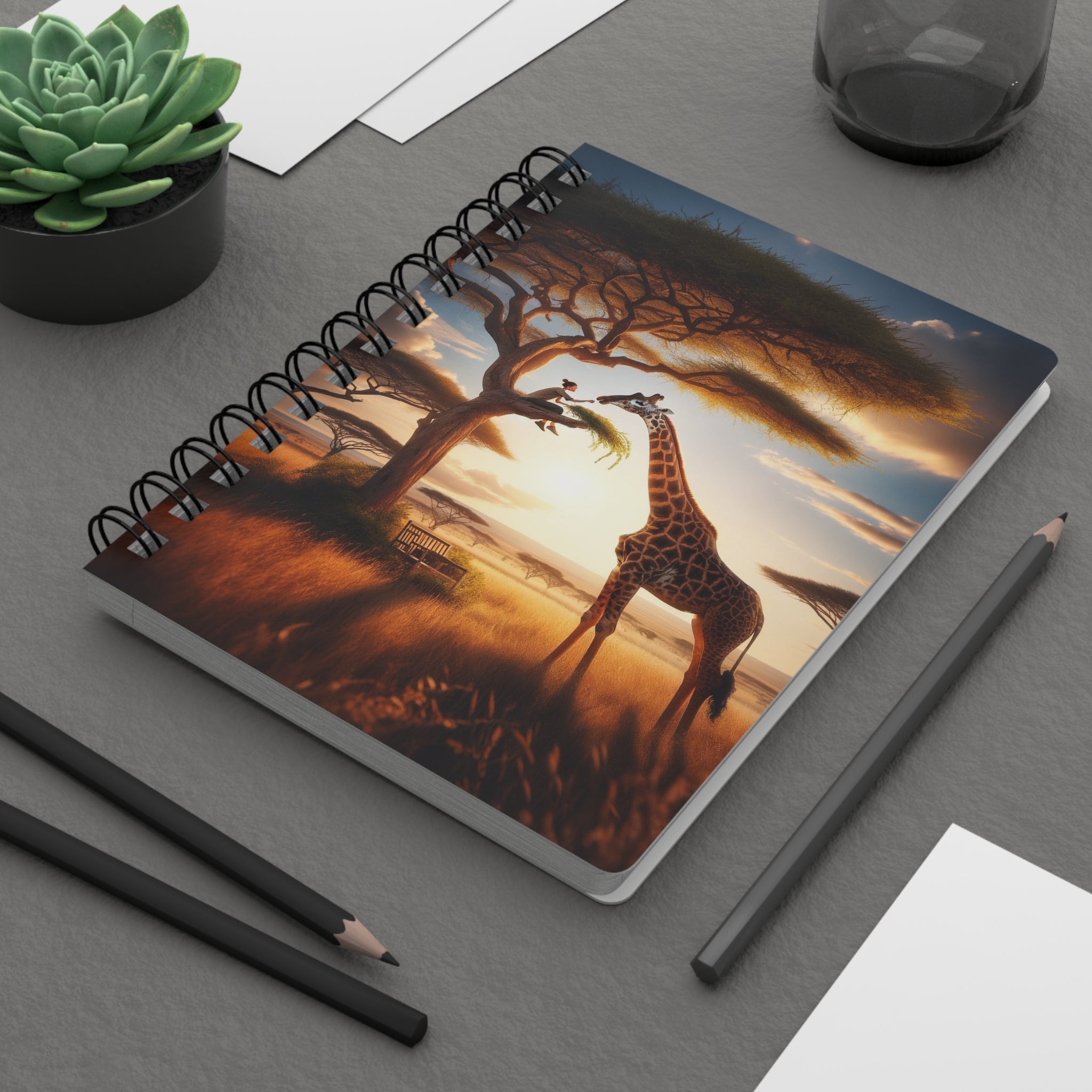 Girl feeding a giraffe from a tree - Spiral Notebook