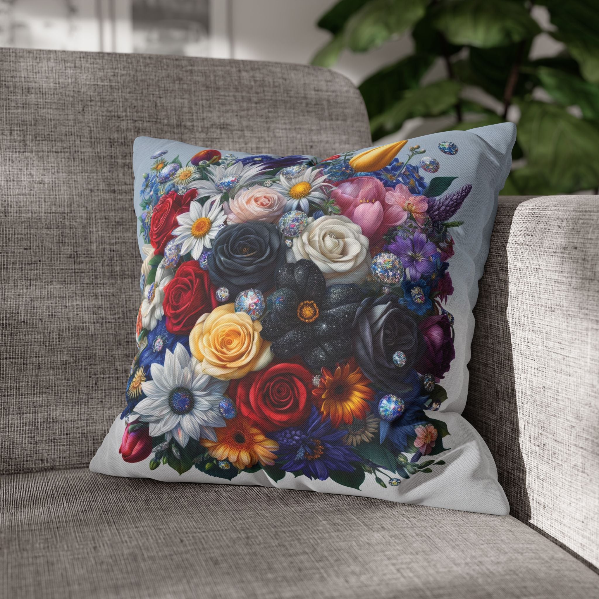 Colourful Bouquet (light-blue background) - Polyester Square Pillowcase