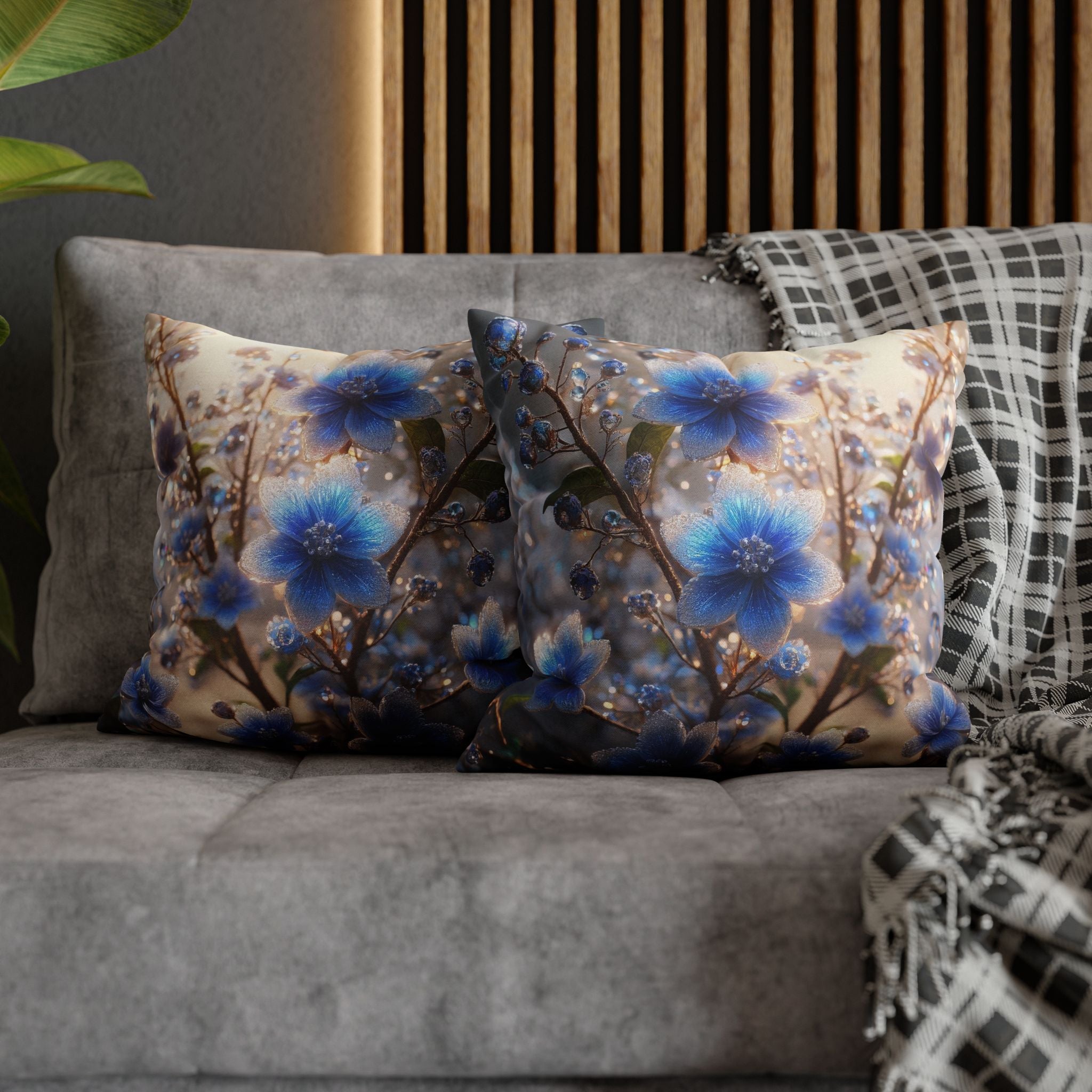 Blue, diamond flowers (4) - Polyester Square Pillowcase