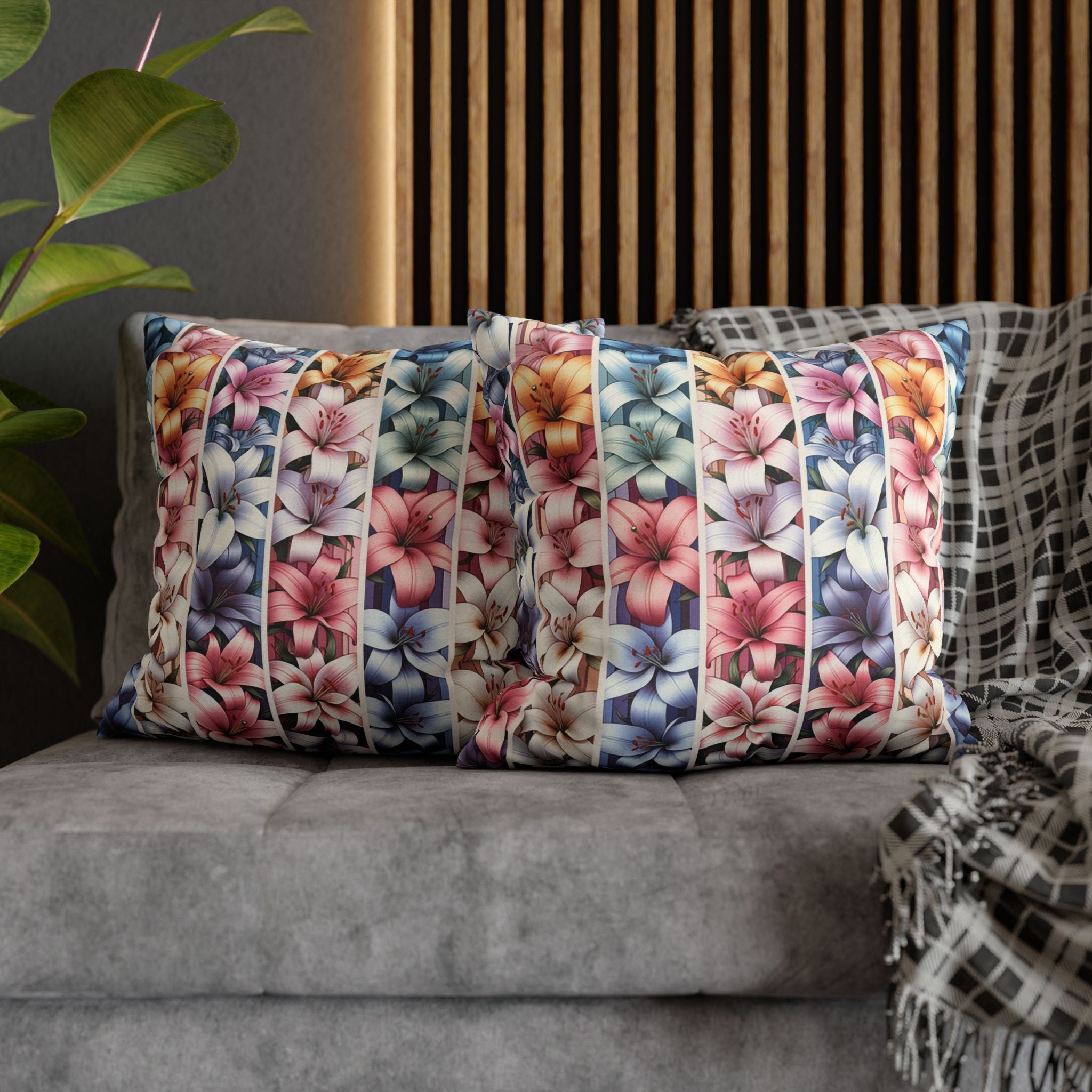 Pastel coloured Lilies in columns - Polyester Square Pillowcase