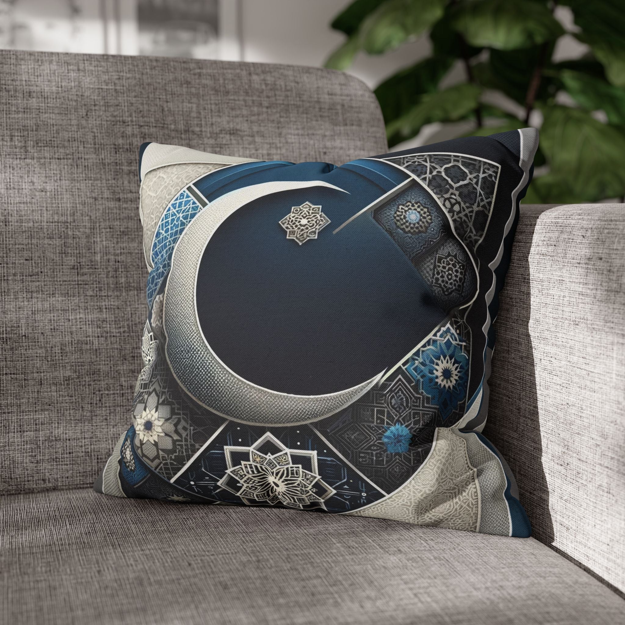 Islamic Art, Silver-blue - Polyester Square Pillowcase