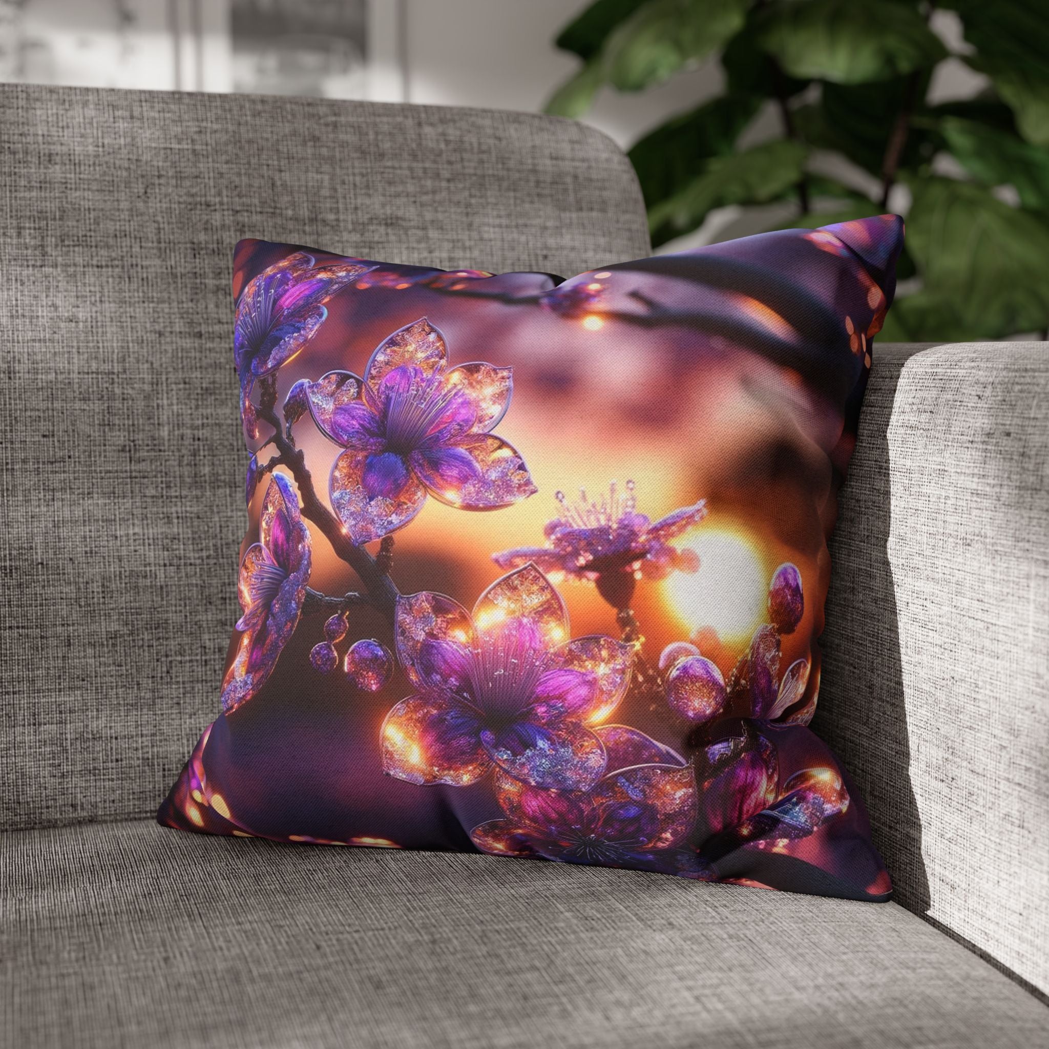 Purple diamond flowers (in sunset) - Polyester Square Pillowcase