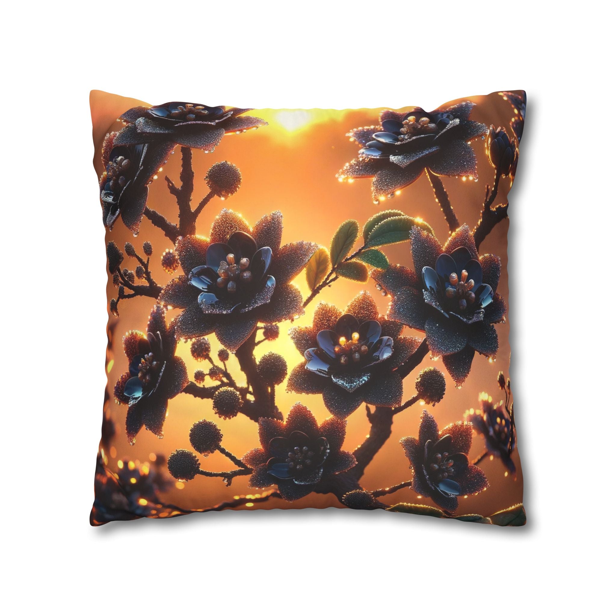 Black flowers in sunset- Suede Square Pillowcase