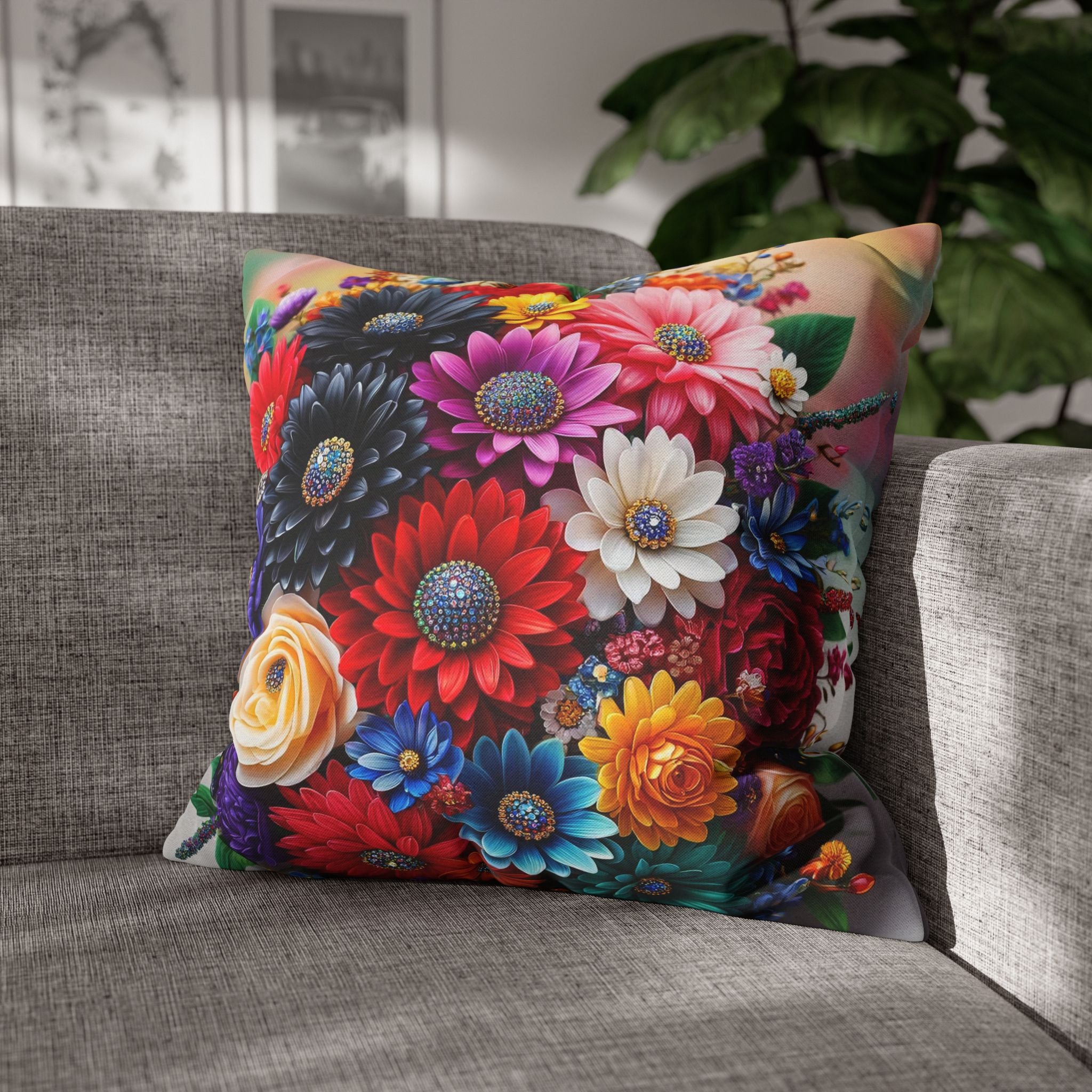 Colourful Bouquet (with diamonds) - Polyester Square Pillowcase