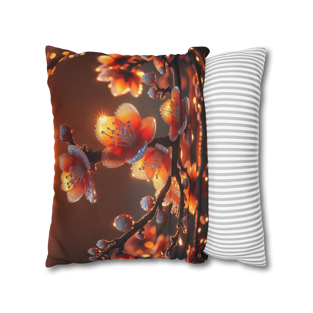 Orange flowers (brown background) - Polyester Square Pillowcase