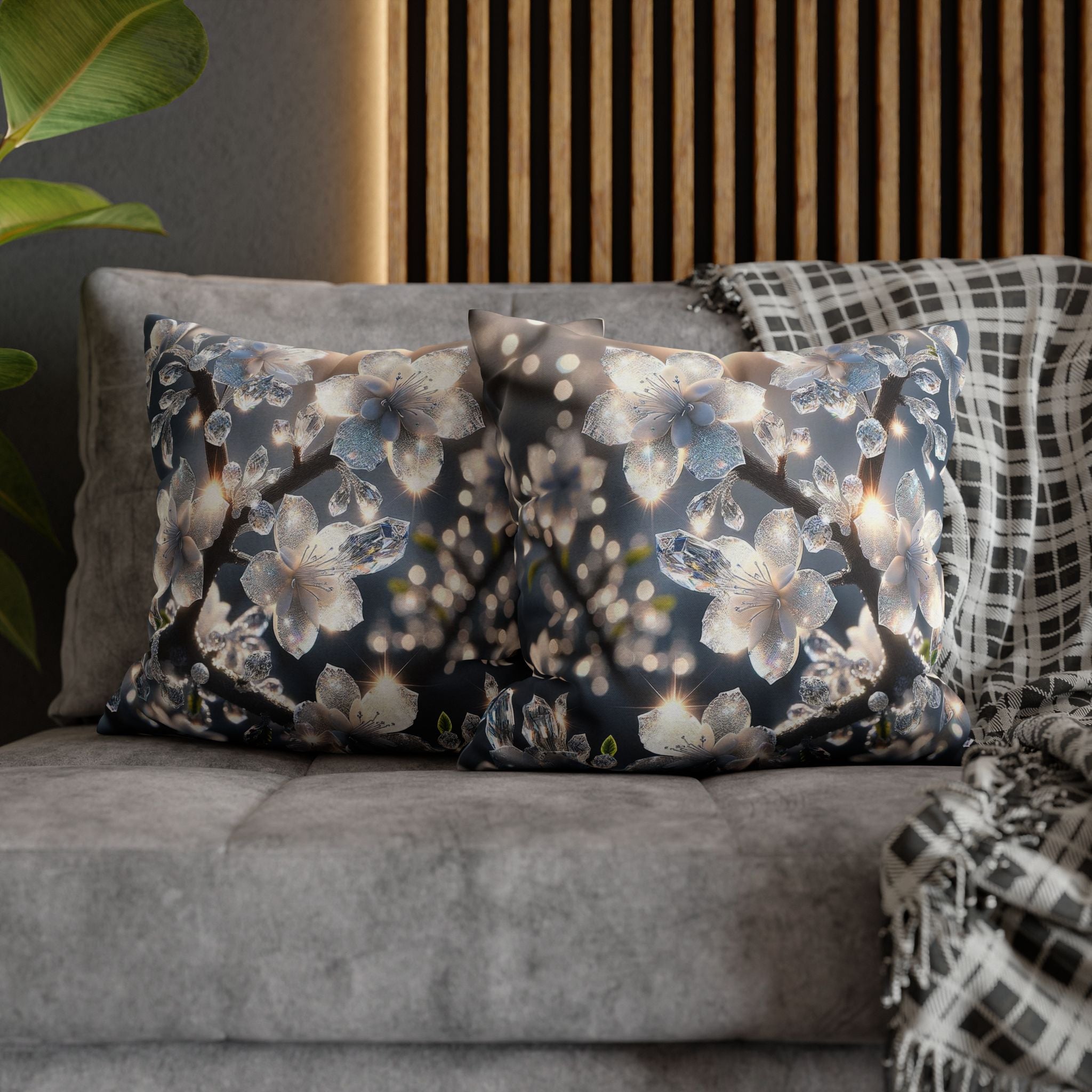Silver-coloured flowers on grey background - Polyester Square Pillowcase