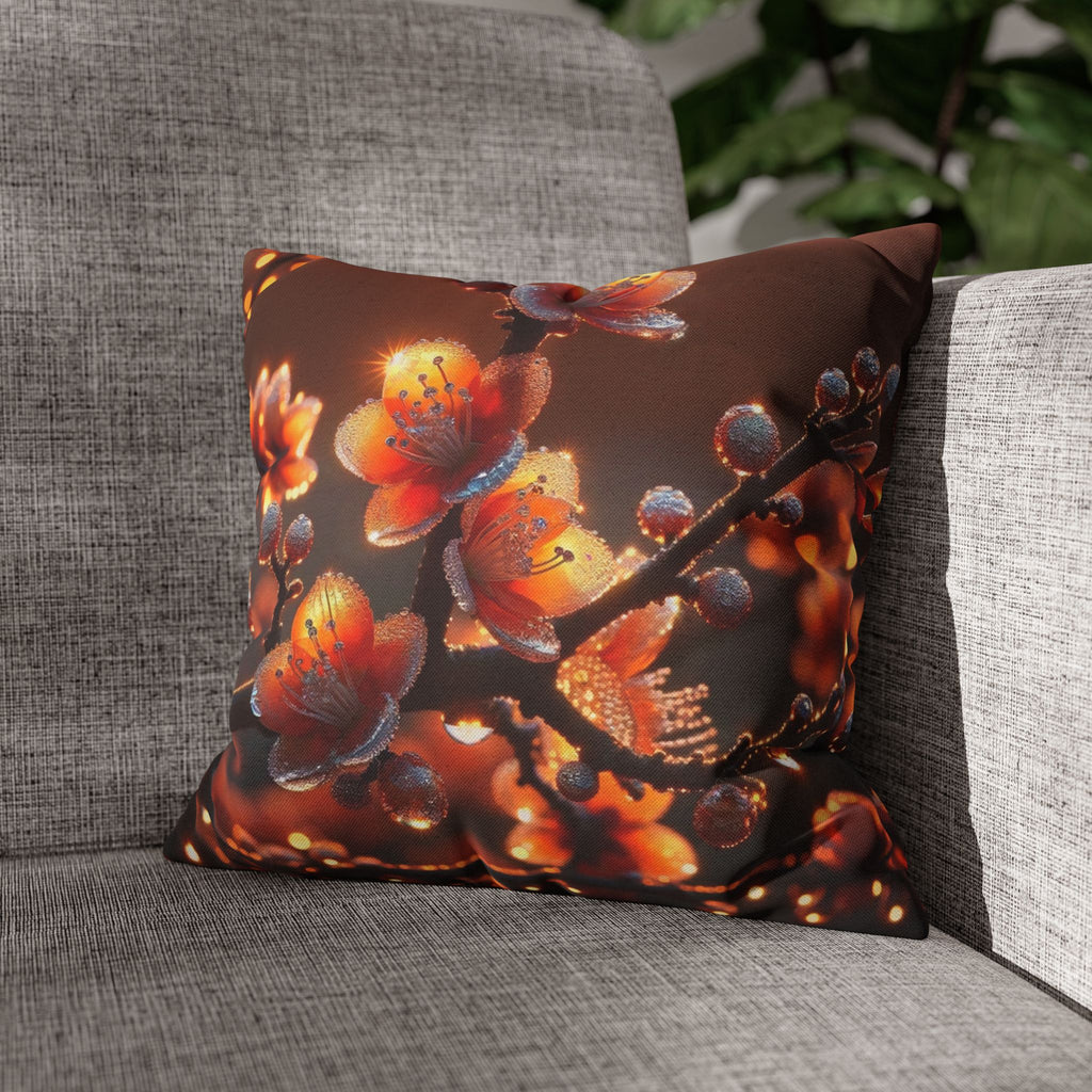 Orange flowers (brown background) - Polyester Square Pillowcase