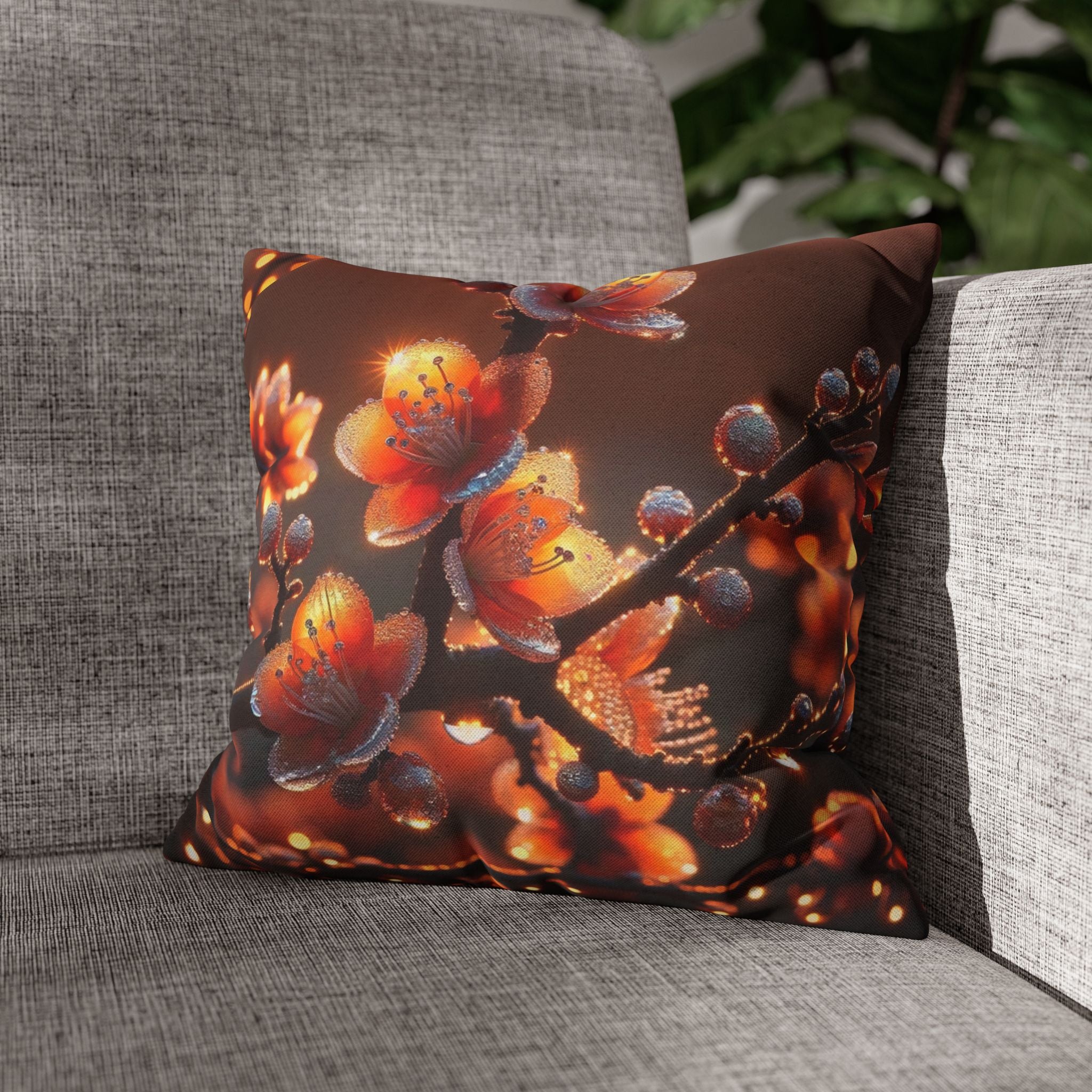 Orange flowers (brown background) - Polyester Square Pillowcase