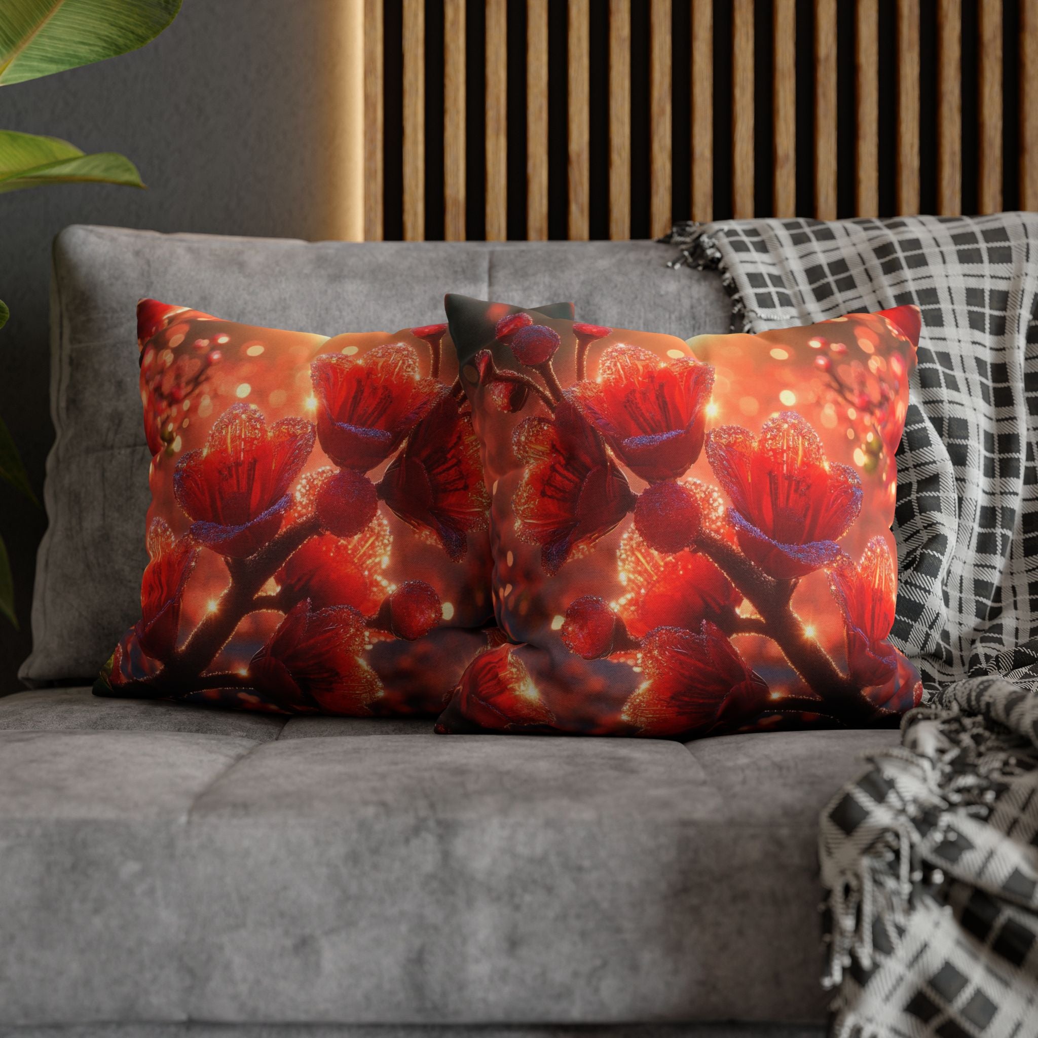 Red-diamond flowers (on red background) -  Polyester Square Pillowcase