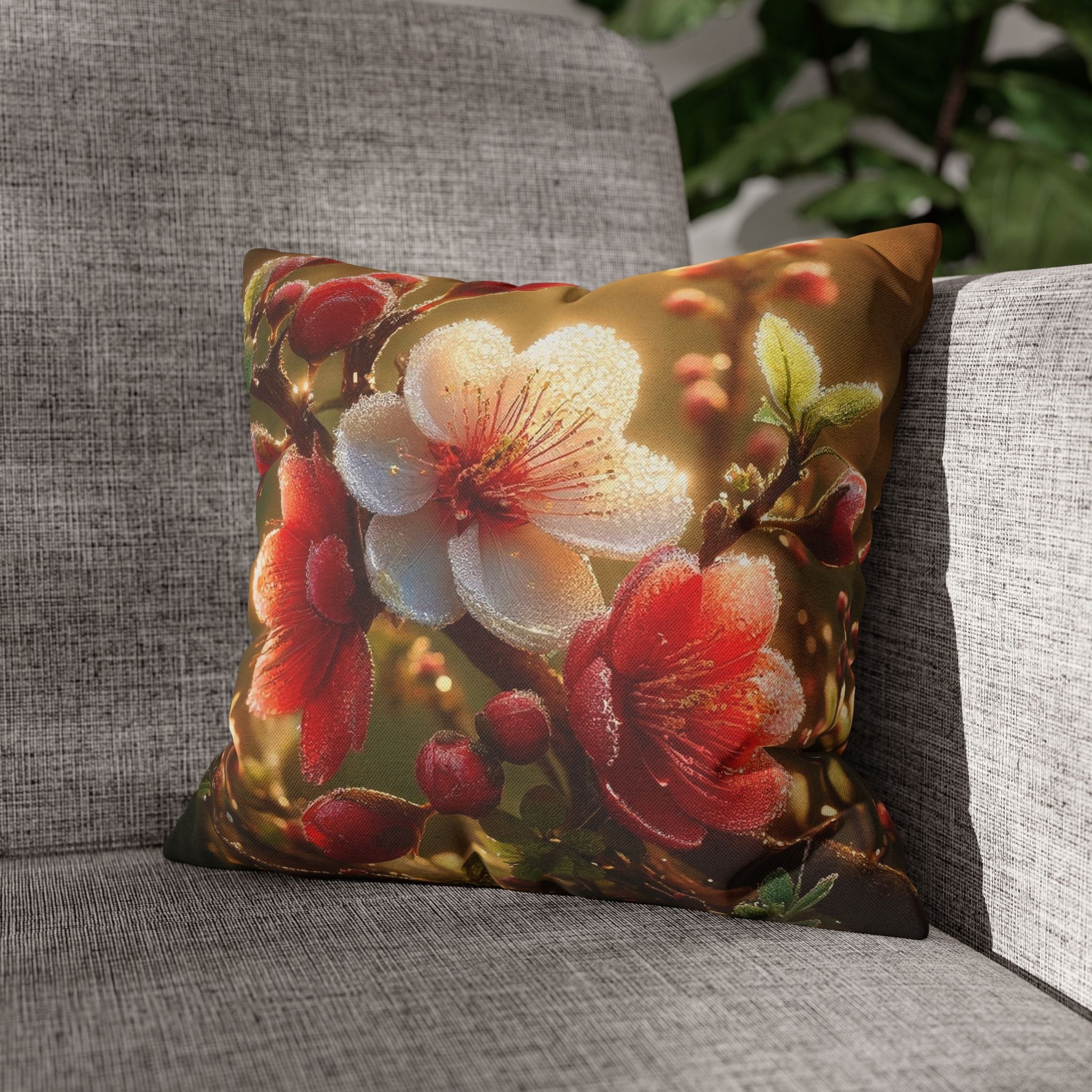 Red & white flowers in light background - Polyester Square Pillowcase