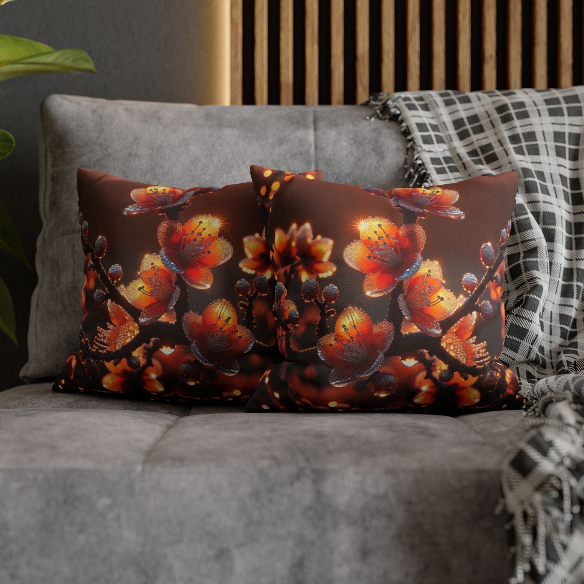 Orange flowers (brown background) - Polyester Square Pillowcase
