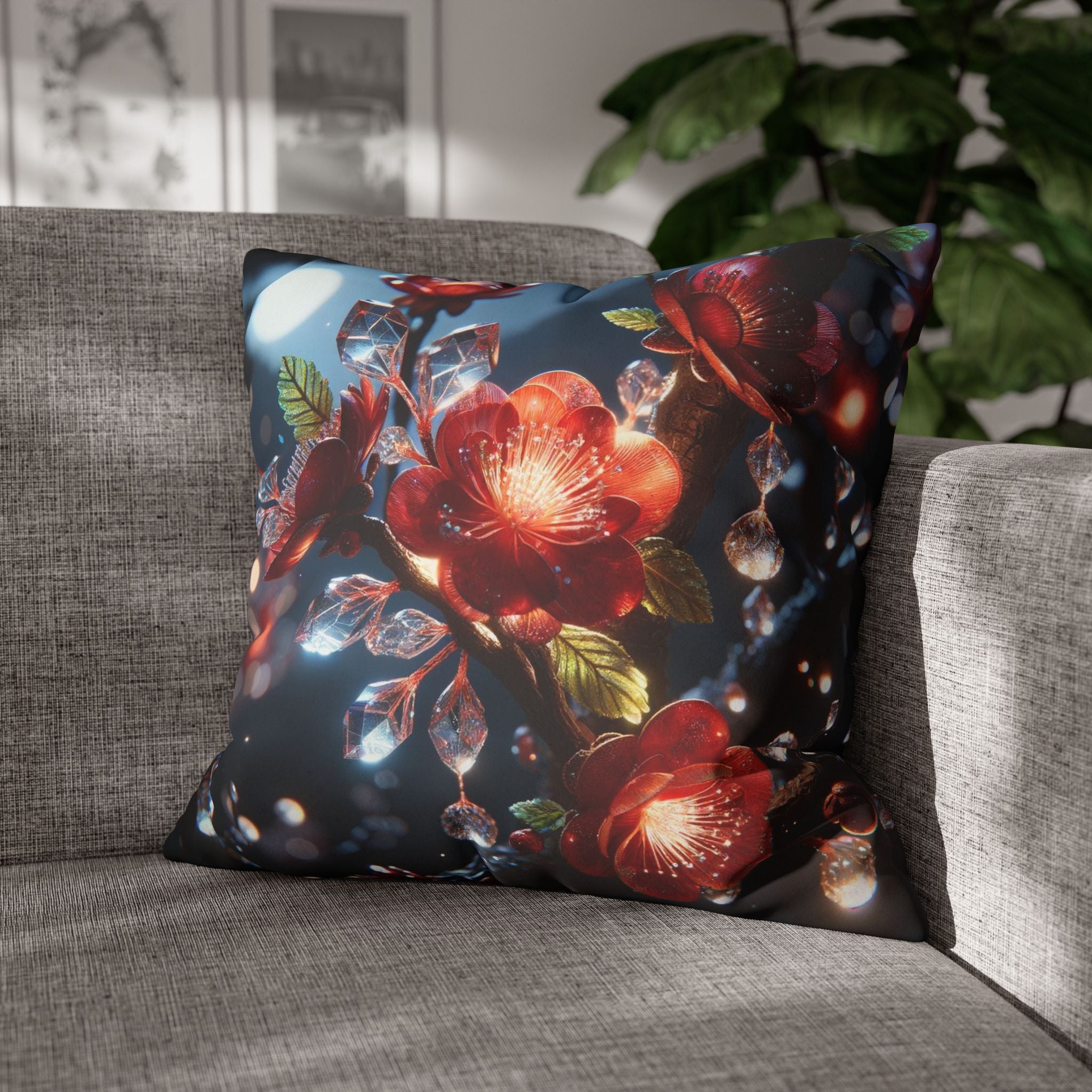 Red diamond flowers (in moonlight) - Suede Square Pillowcase