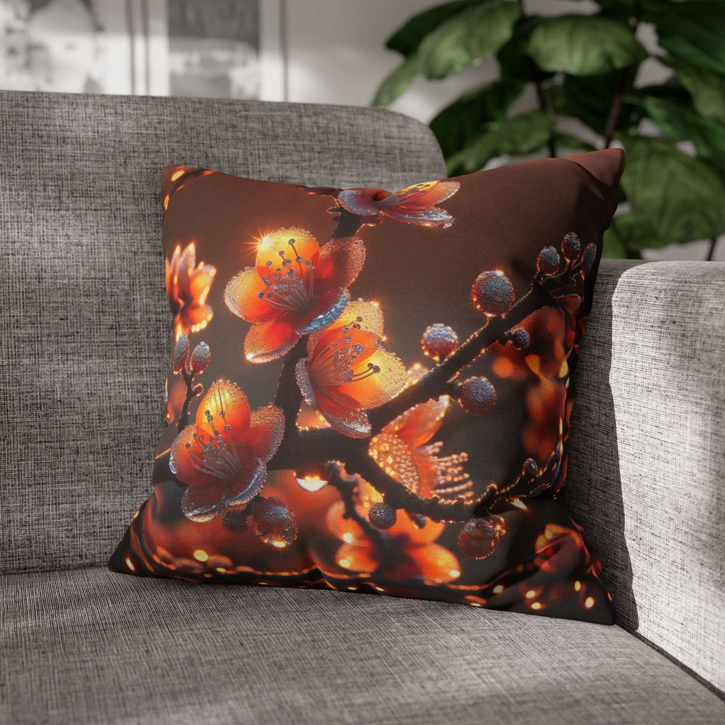 Orange flowers (brown background) - Polyester Square Pillowcase