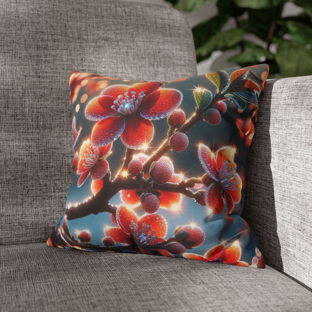 Red flowers with grey background - Polyester Square Pillowcase