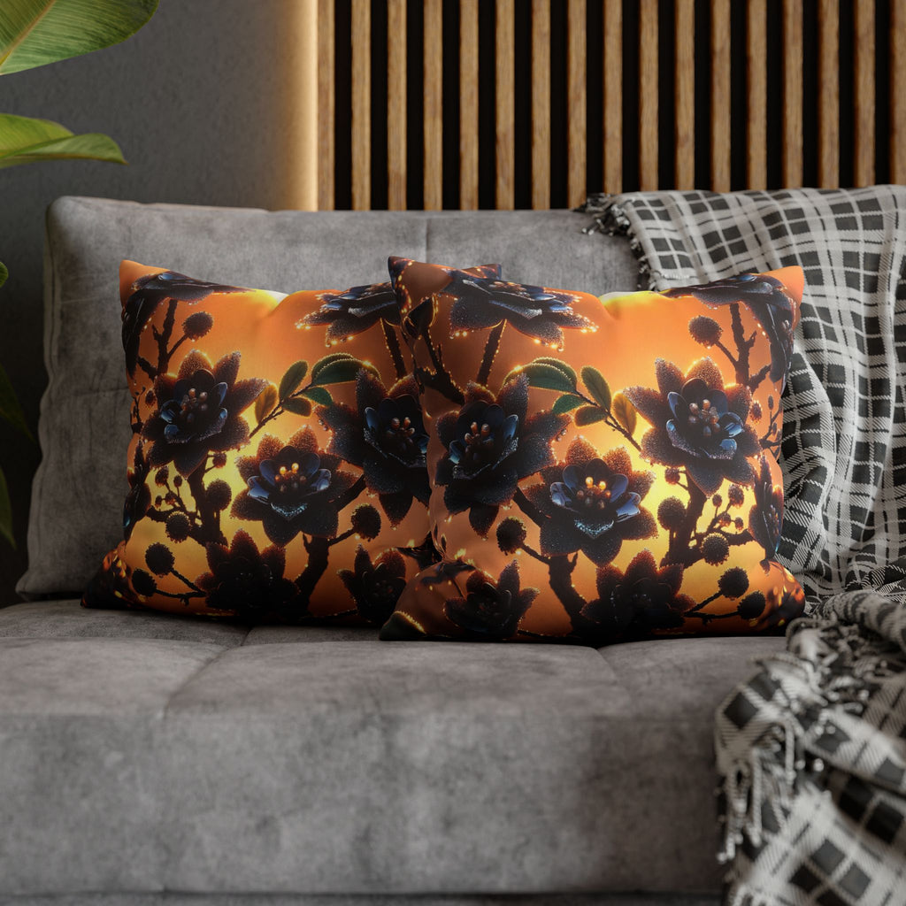 Black flowers in sunset- Suede Square Pillowcase