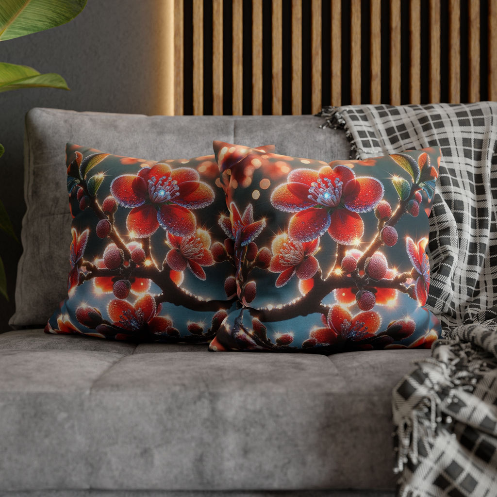 Red flowers with grey background - Polyester Square Pillowcase