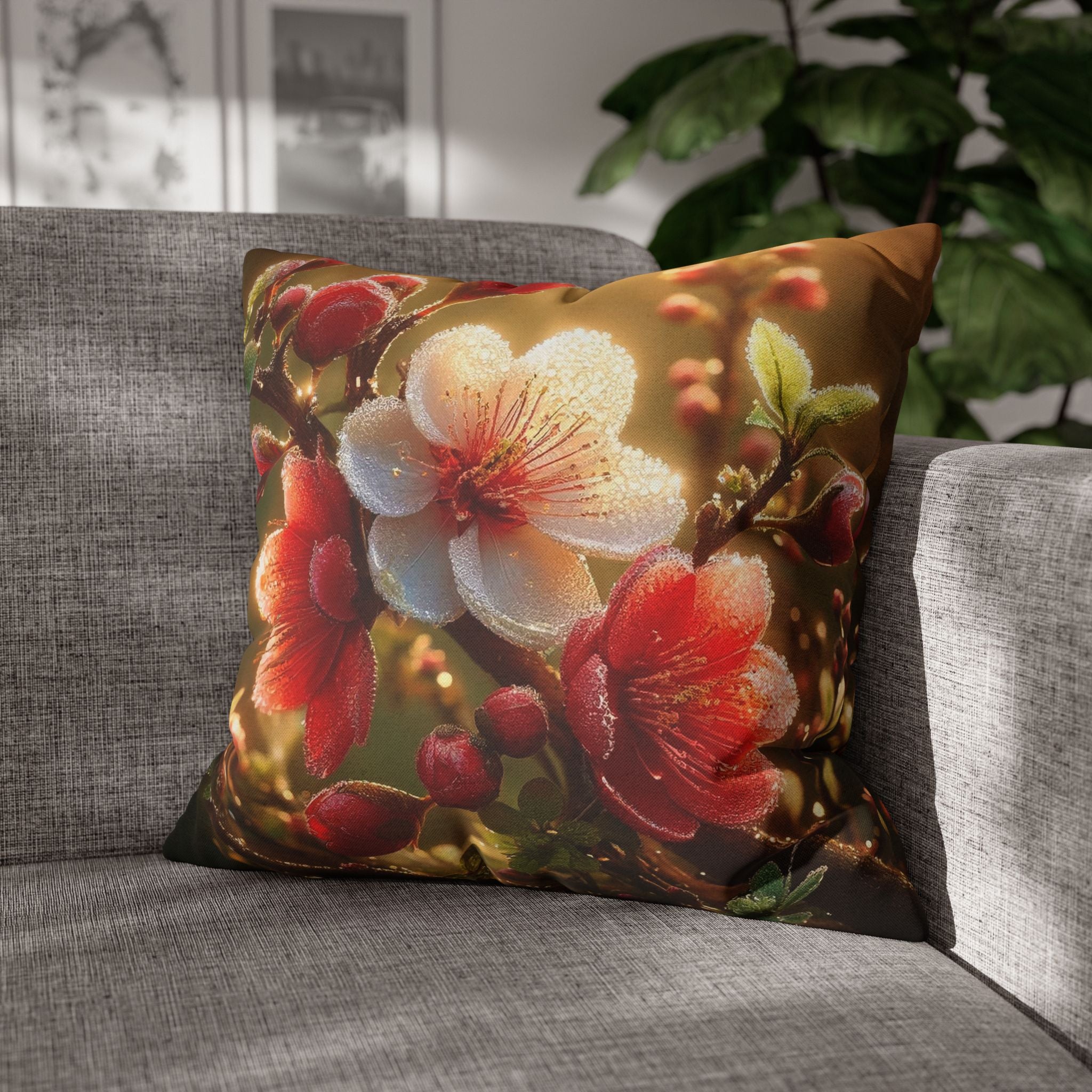 Red & white flowers in light background - Polyester Square Pillowcase