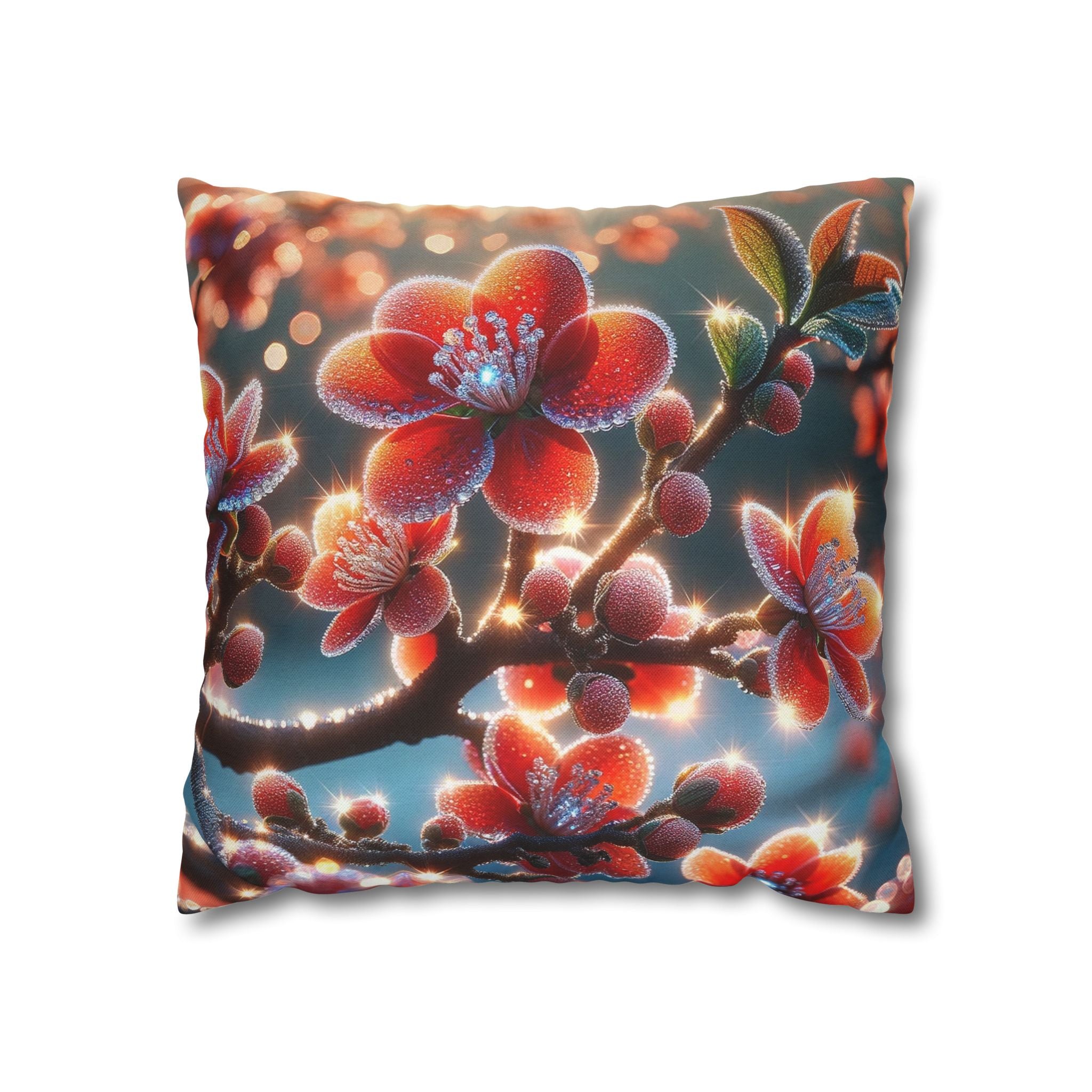 Red flowers with grey background - Polyester Square Pillowcase