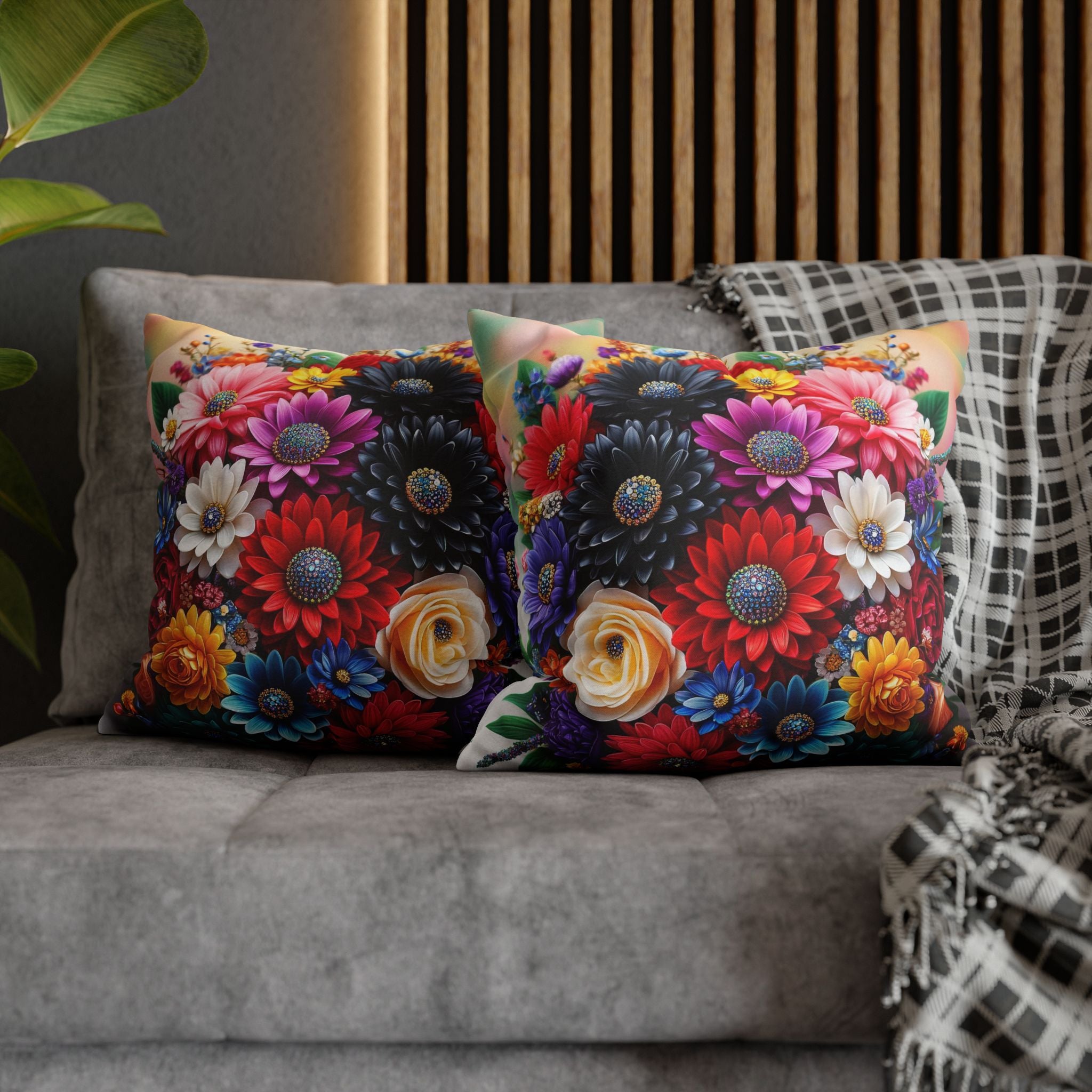Colourful Bouquet (with diamonds) - Polyester Square Pillowcase