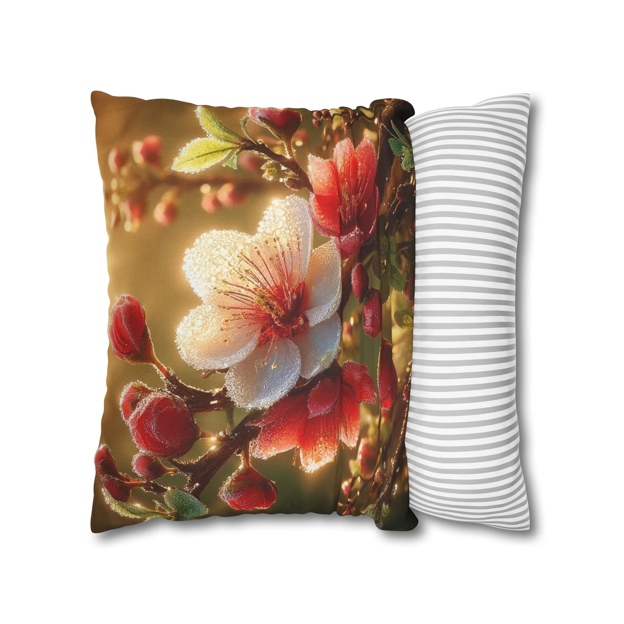Red & white flowers in light background - Polyester Square Pillowcase