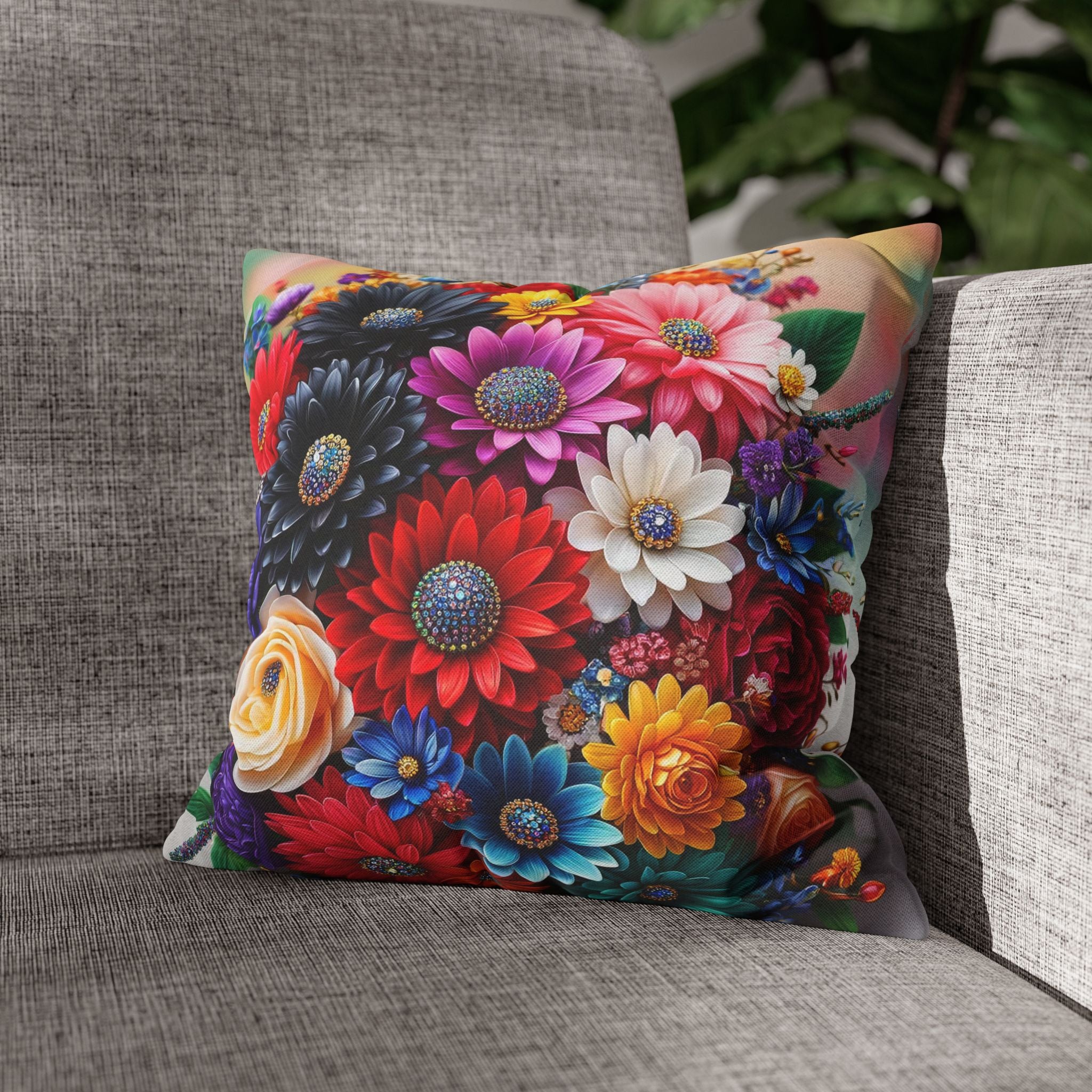 Colourful Bouquet (with diamonds) - Polyester Square Pillowcase