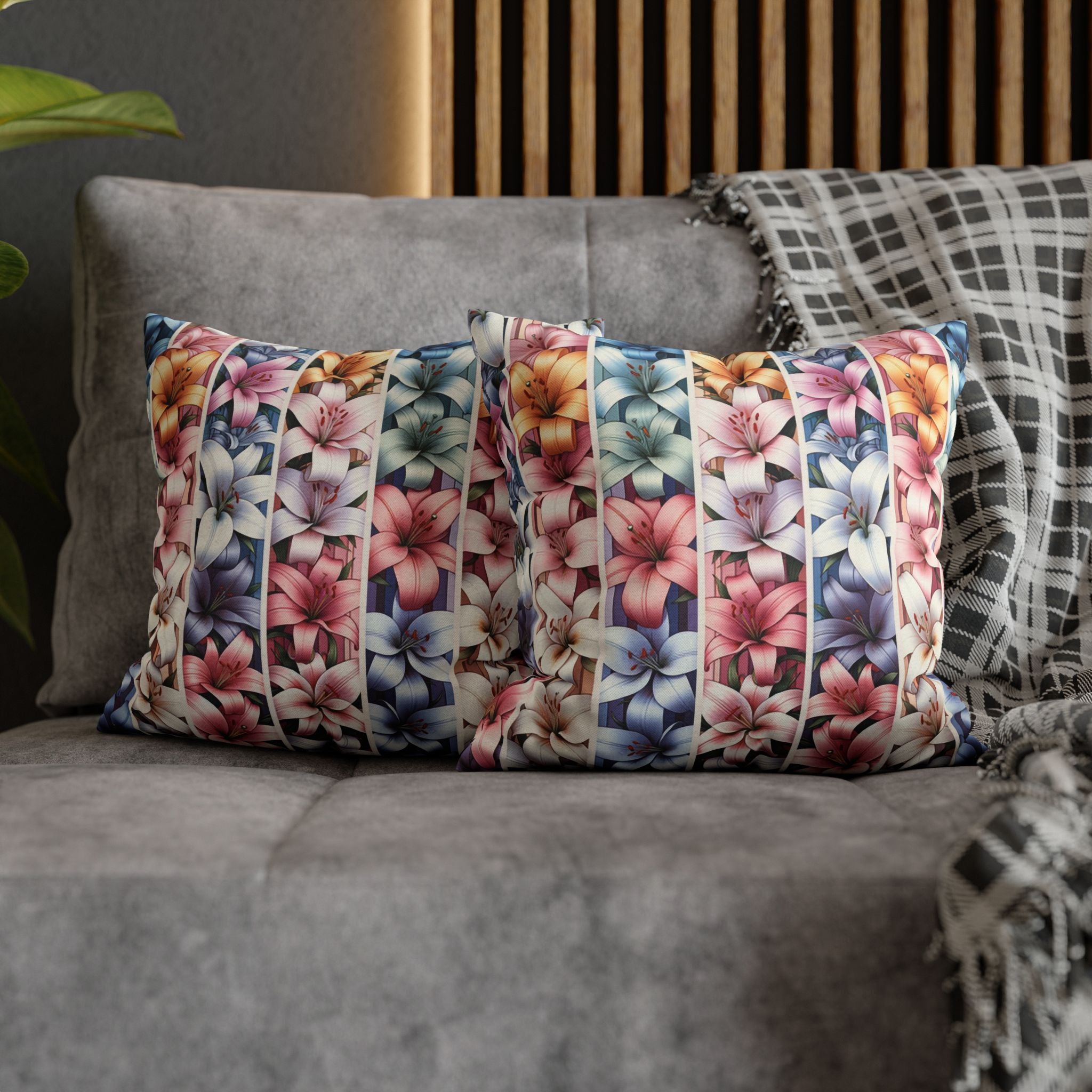 Pastel coloured Lilies in columns - Polyester Square Pillowcase