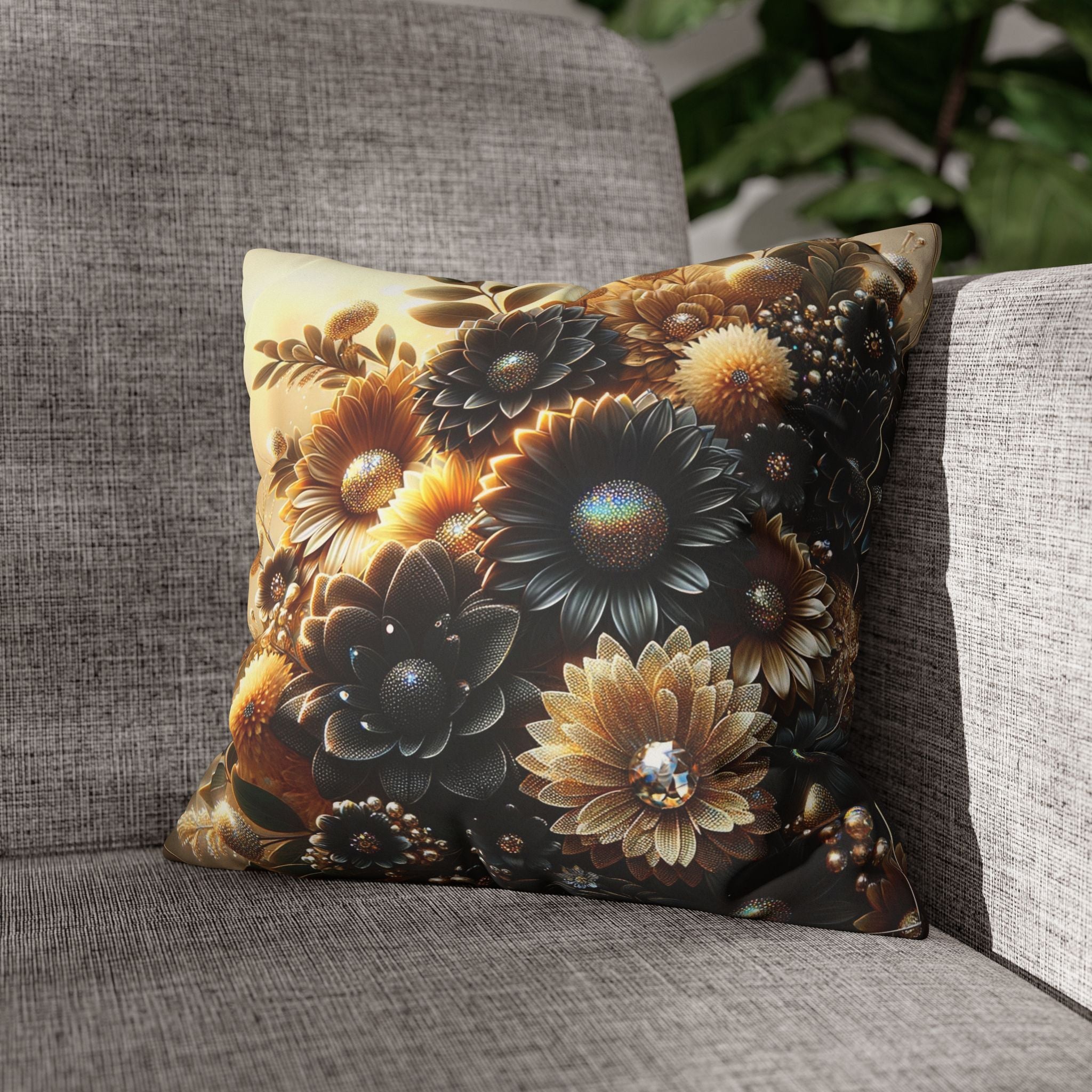 Black and golden Bouquet (with golden background) - Suede Square Pillowcase