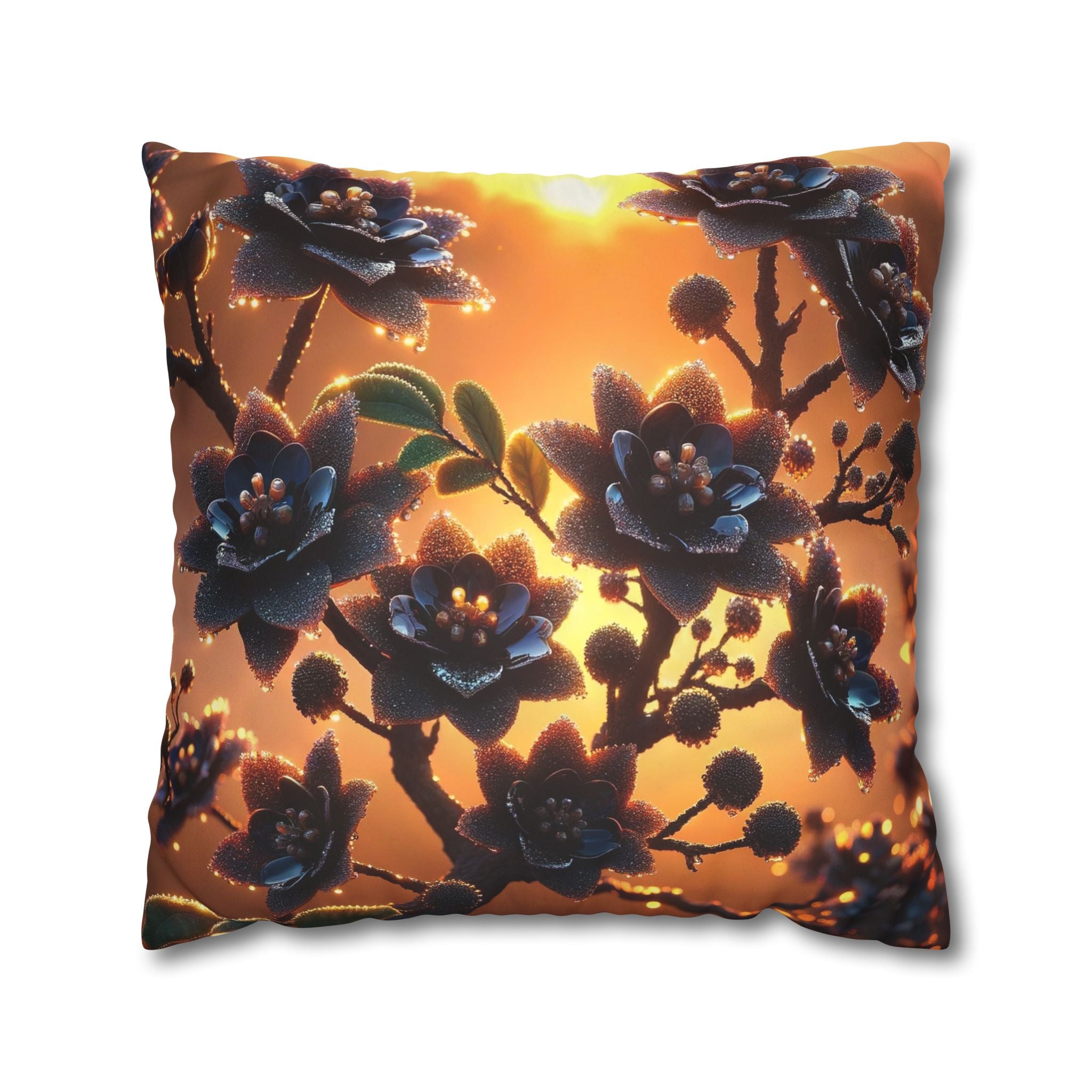 Black flowers in sunset- Suede Square Pillowcase