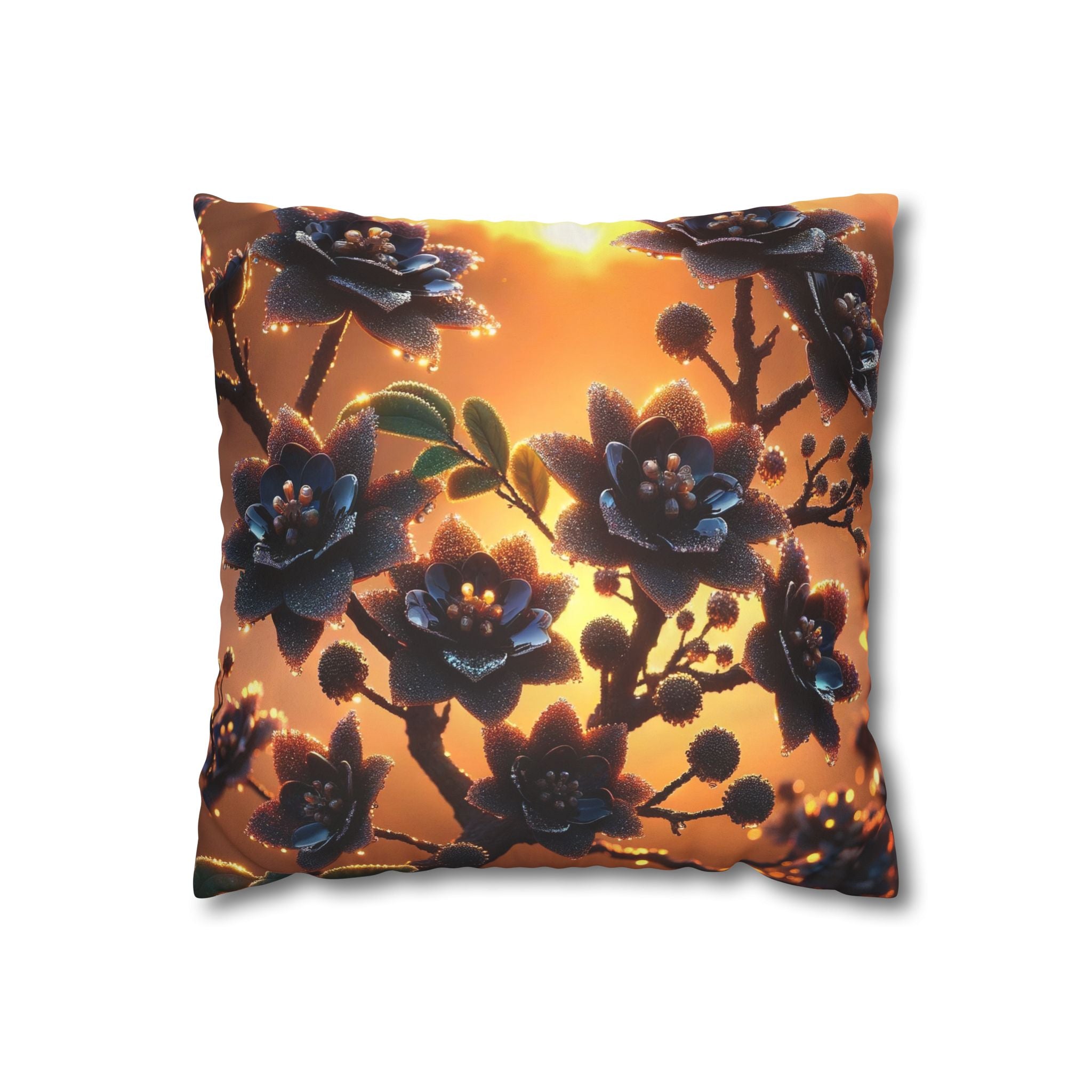 Black flowers in sunset- Suede Square Pillowcase