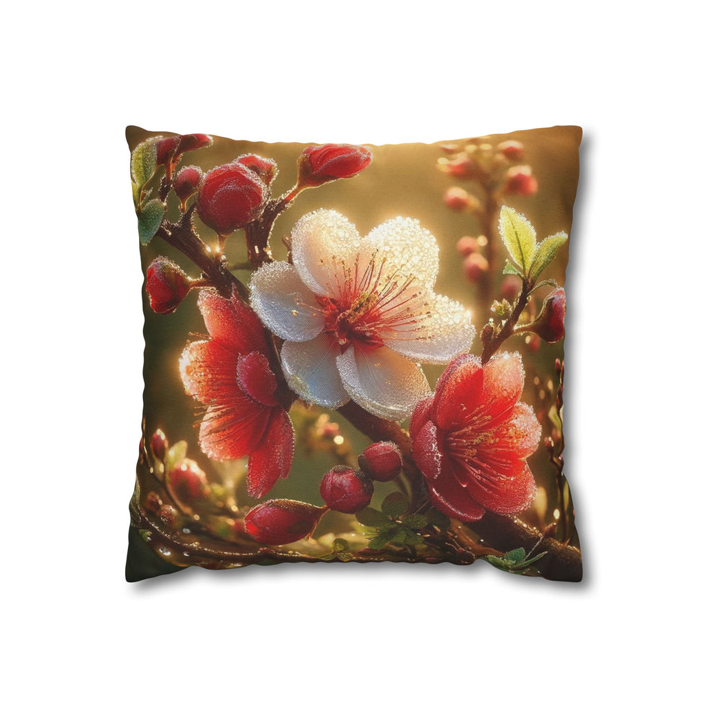 Red & white flowers in light background - Polyester Square Pillowcase